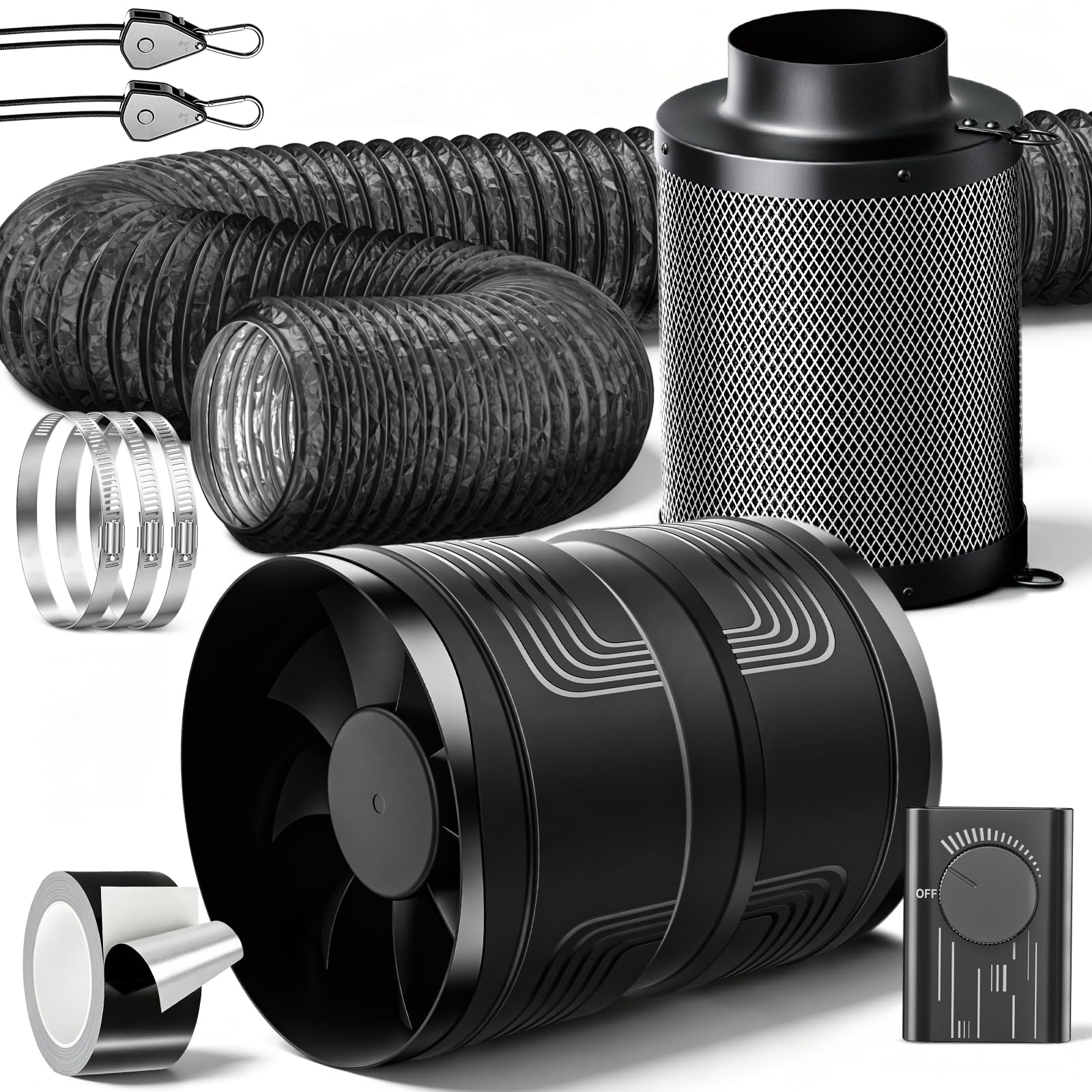 HG Power Growbox Abluft Set 150mm mit Aktivkohlefilter & Rohrventilator | Komplettes Grow Lüfter Set mit Aktivkohlefilter Ø150 × 250 mm, 2,5m Lüftungsschlauch, 3 Schlauchschellen und Alu-Klebeband