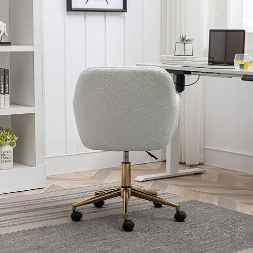 Miniatura 4 de SSLine Silla de tocador de piel sintética, elegante silla de escritorio de maquillaje peludo blanco para niñas y mujeres, silla moderna y cómoda con