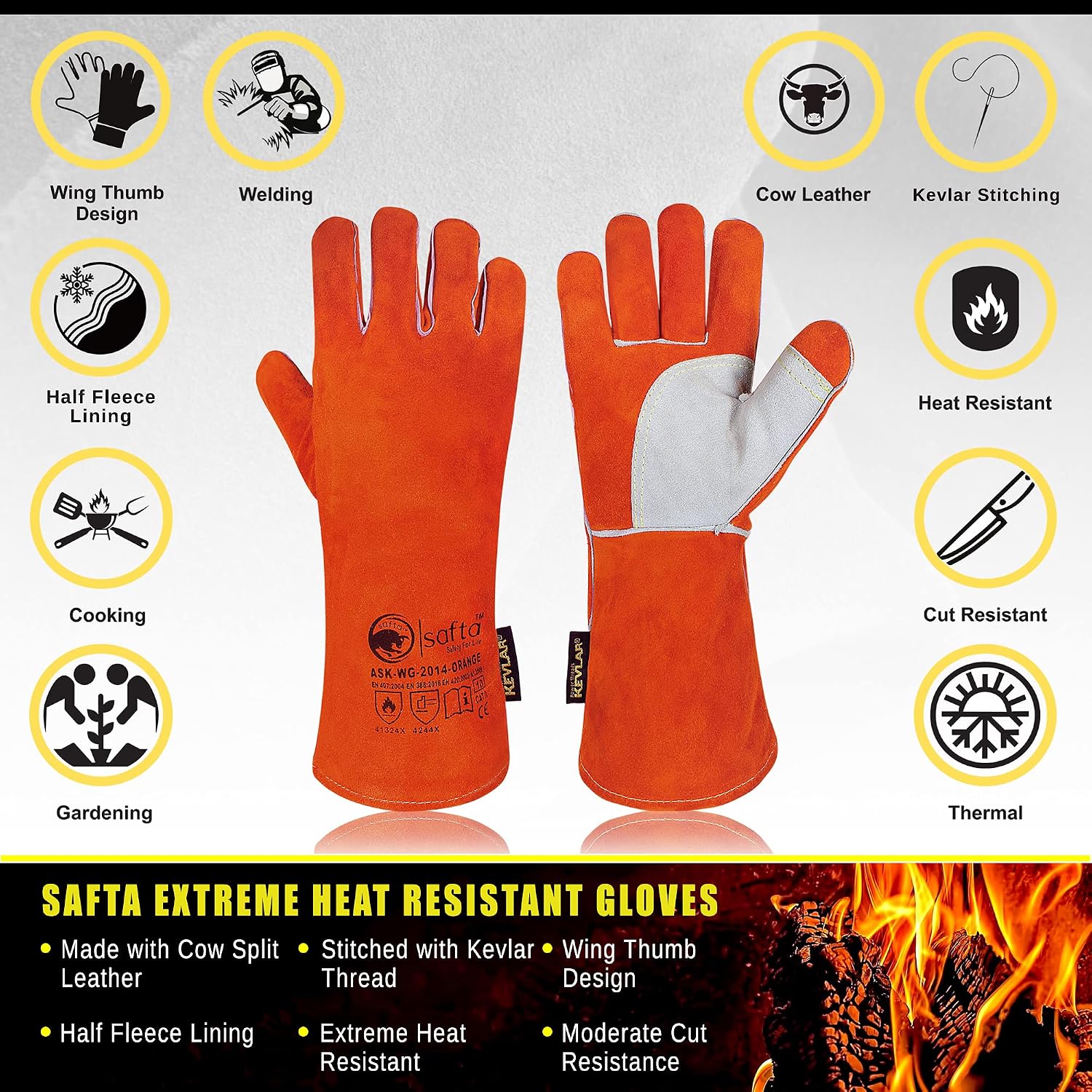 SAFTA Extreme Heat Resistant Gloves, Cow leather with Kevlar Stitching - Image 3