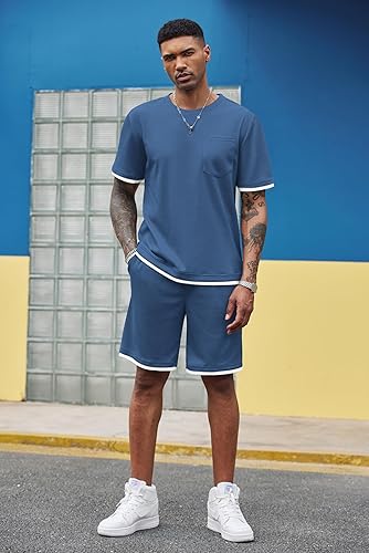 Miniatura 3 de COOFANDY Conjunto de camisa y pantalones cortos de gofre para hombre, conjunto de 2 piezas, conjunto casual de verano con bolsillos