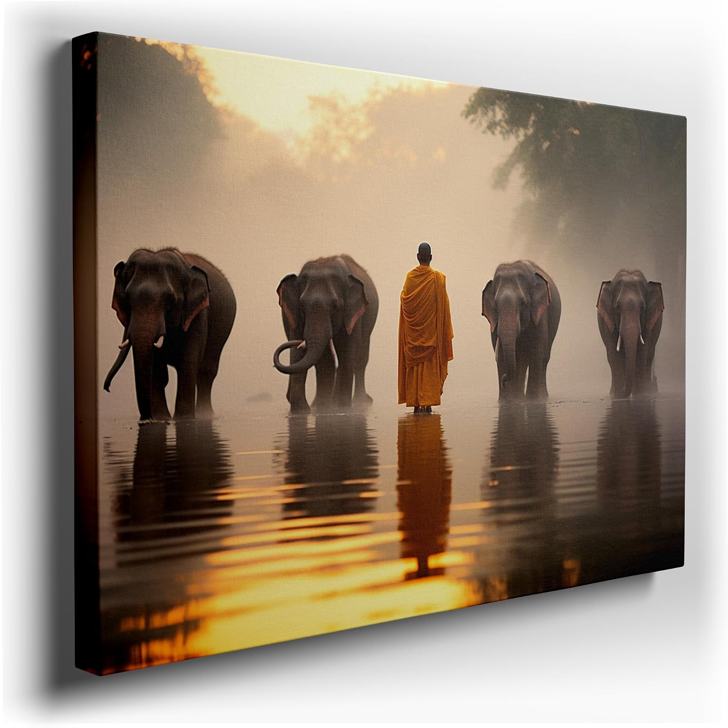 Canvas for Living room. Elephants in the River at Sunrise: A Serene Encounter with a Solitary Monk, 27 x 18 inch Canvas Wall Art - Nature Home Decor - 69x46 cm (27x18 inch)