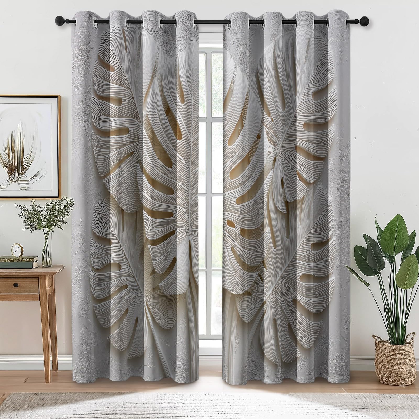 140 x 245 cm (2 paneles) cortina opaca Plantas Hojas de Monstera Textura Cortinas térmicas aislantes Anti UV, blanco opaco, decoración para el hogar, salón, dormitorio, ventana con ojales