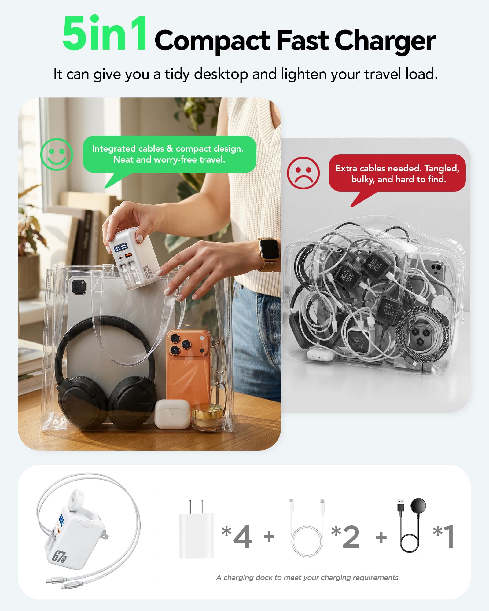 HATALKIN 67W Einziehbares Ladegerät mit Apple Watch Ladegerät | Smart-Display-Schnellladegerät mit GaN Lightening+Type-C Schnellladekabel für iWatch Ultra/11/10/9,MacBook,iPhone,Galaxy,iPad