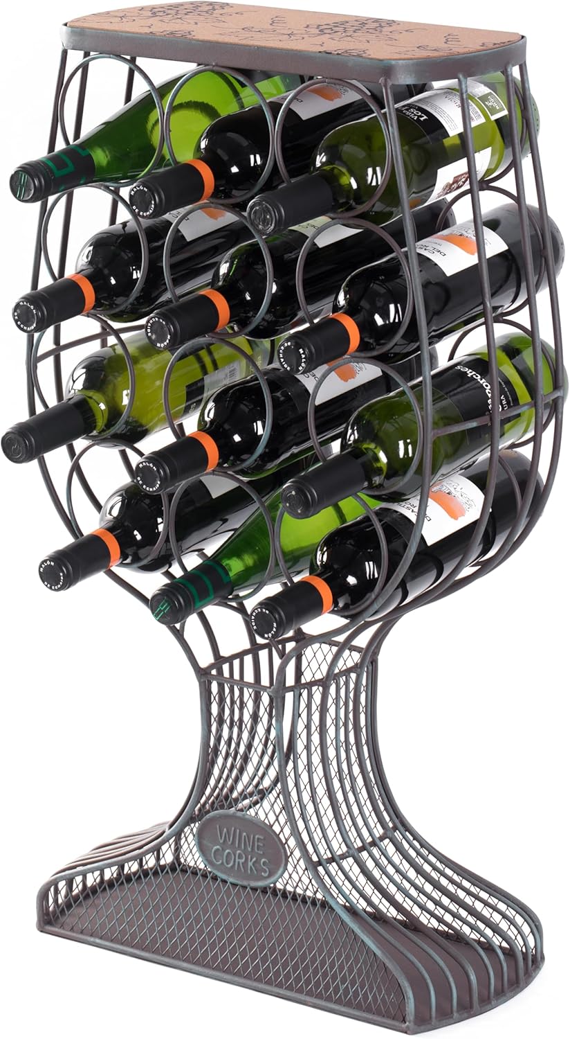Vintiquewise Vintage Wooden Wine Rack Freestanding Floor Stand with Metal Goblet Shape, Cork Holder, Wood Wine Bottle Rack for Living Room Bar