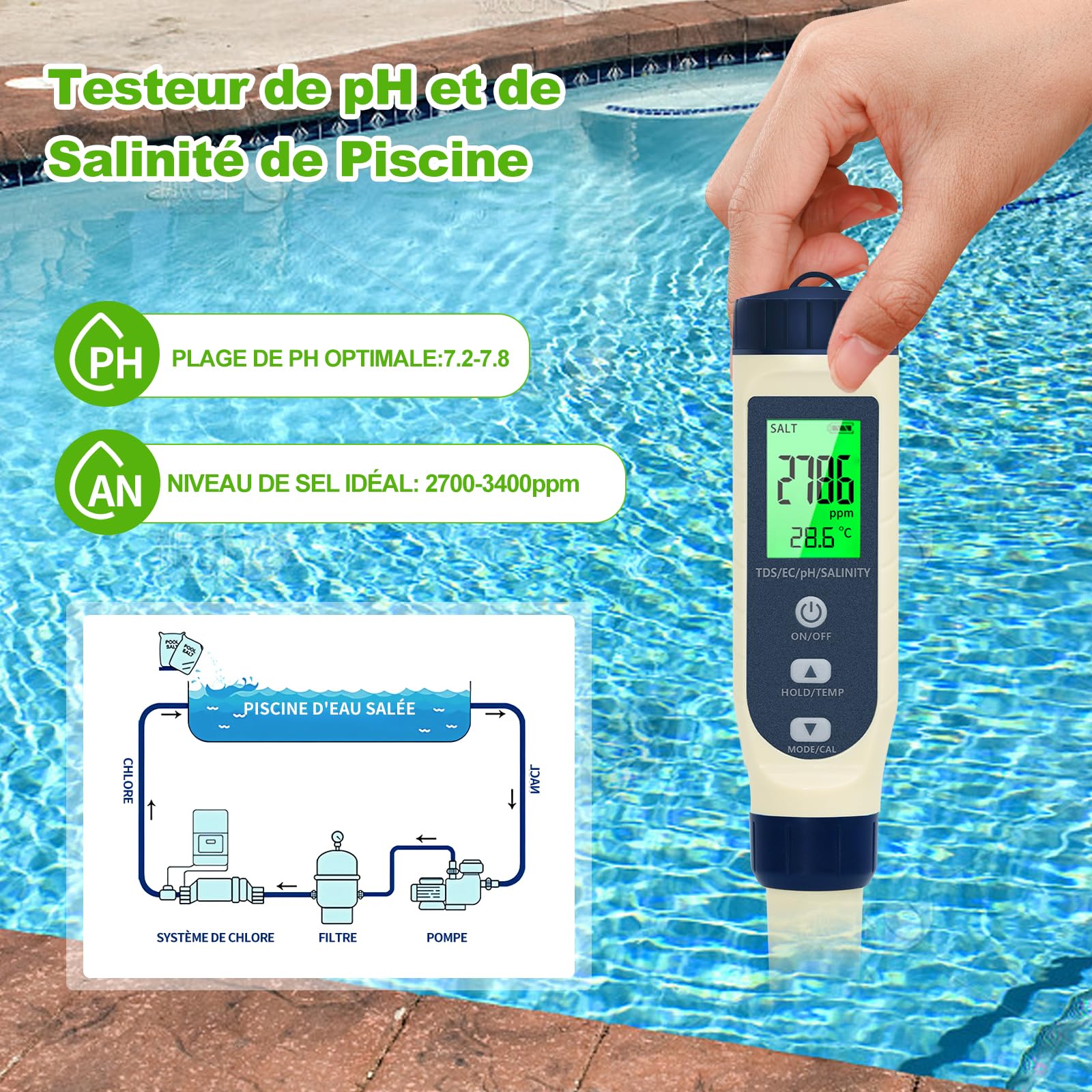 Pious Ph Metre 5 en 1 PH/TDS/EC/Salinité/Thermomètre Testeur ph Écran LCD Compensation Automatique de la Température