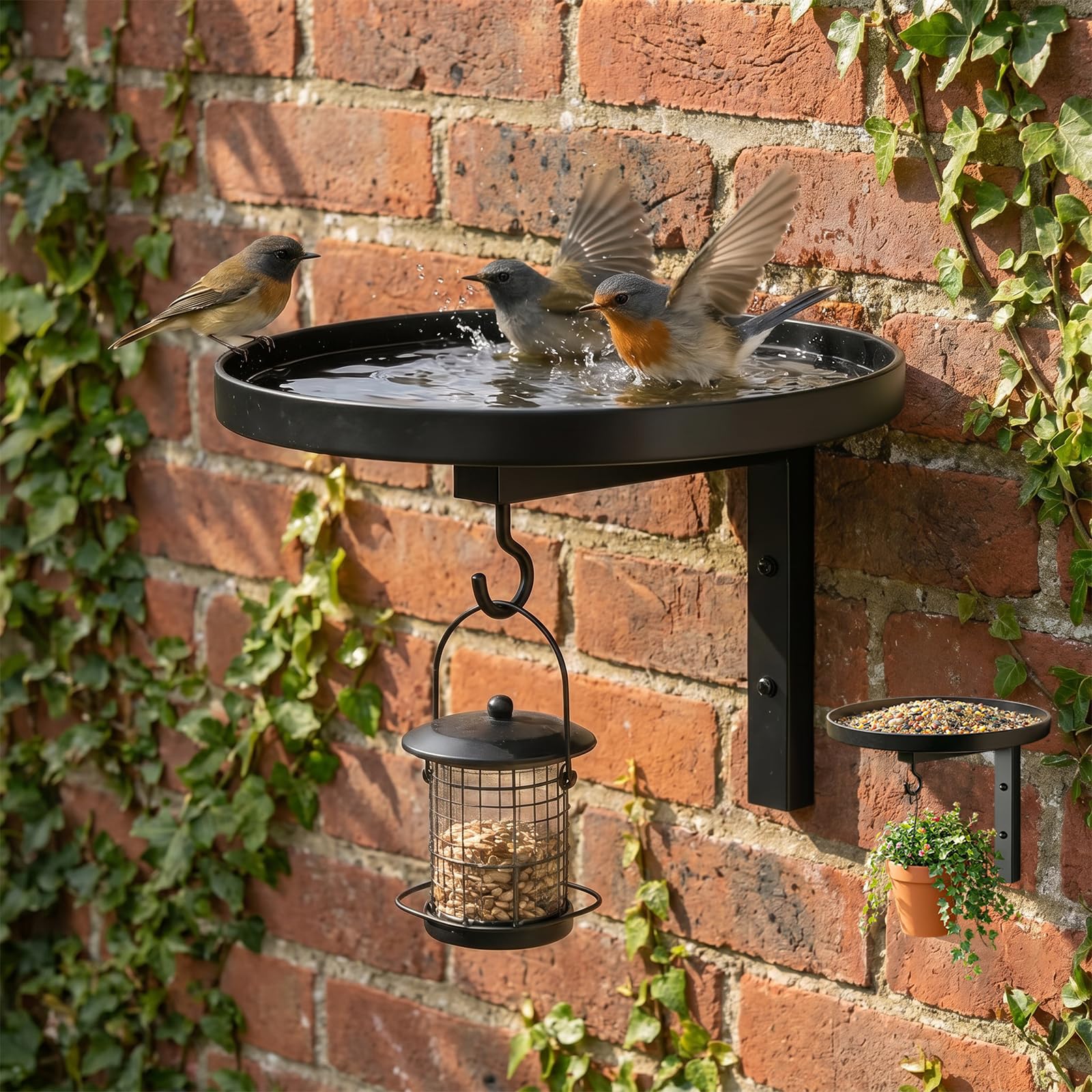 Wall-Mounted Metal Bird Bath for Outdoors - 2-in-1 Rustic Bird Feeder & Waterer Bowl with Hook, Heavy Duty Rust-Resistant Iron Tray for Garden, Patio, Yard, Balcony Decor, Easy to Install (1 pcs)