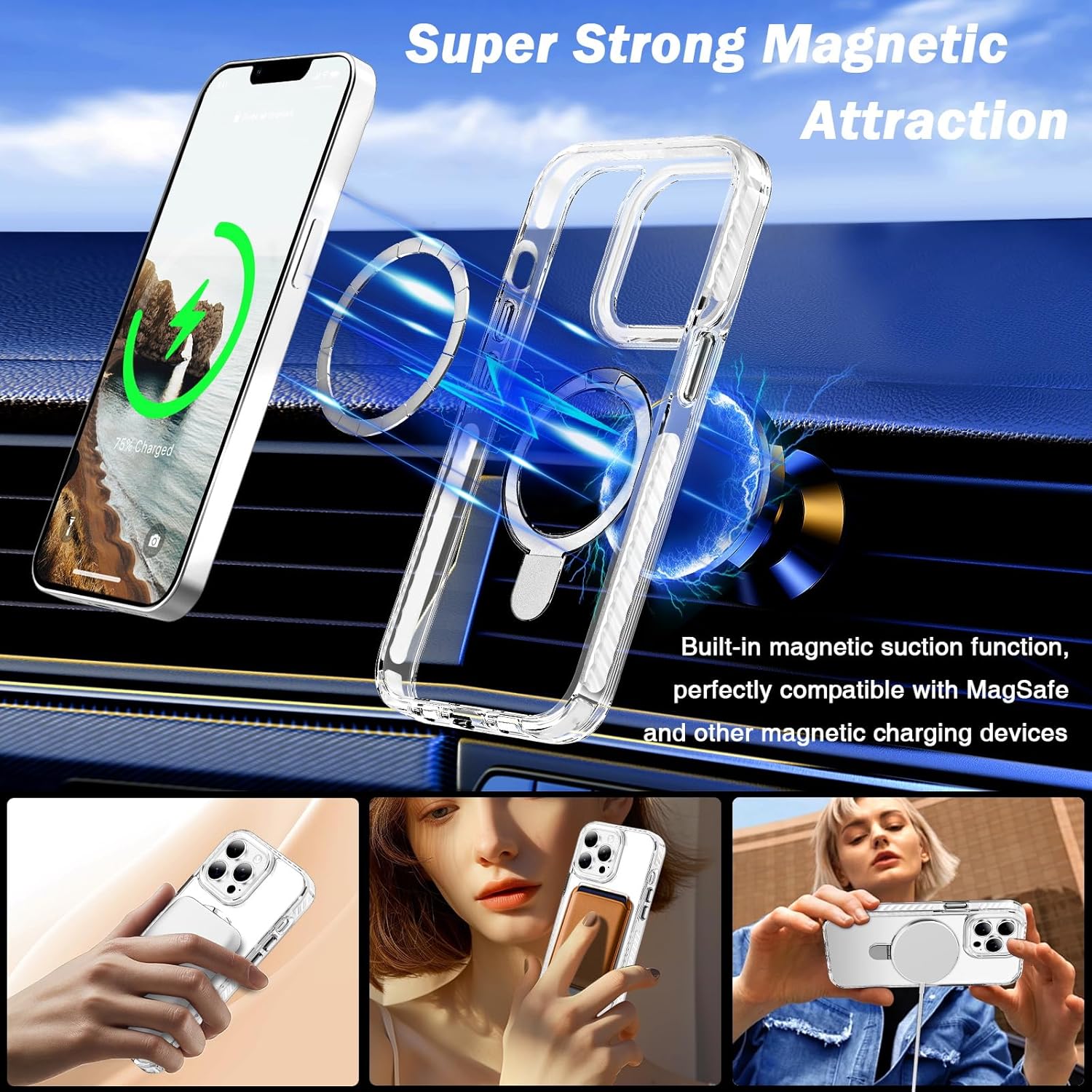 UMIONE for iPhone 12 Pro Magnetic case with Stand and Finger Ring, Compatible with magsafe, Shockproof Transparent Hard Plate, Full Body case, Universal for Boys and Girls 6.1 - White