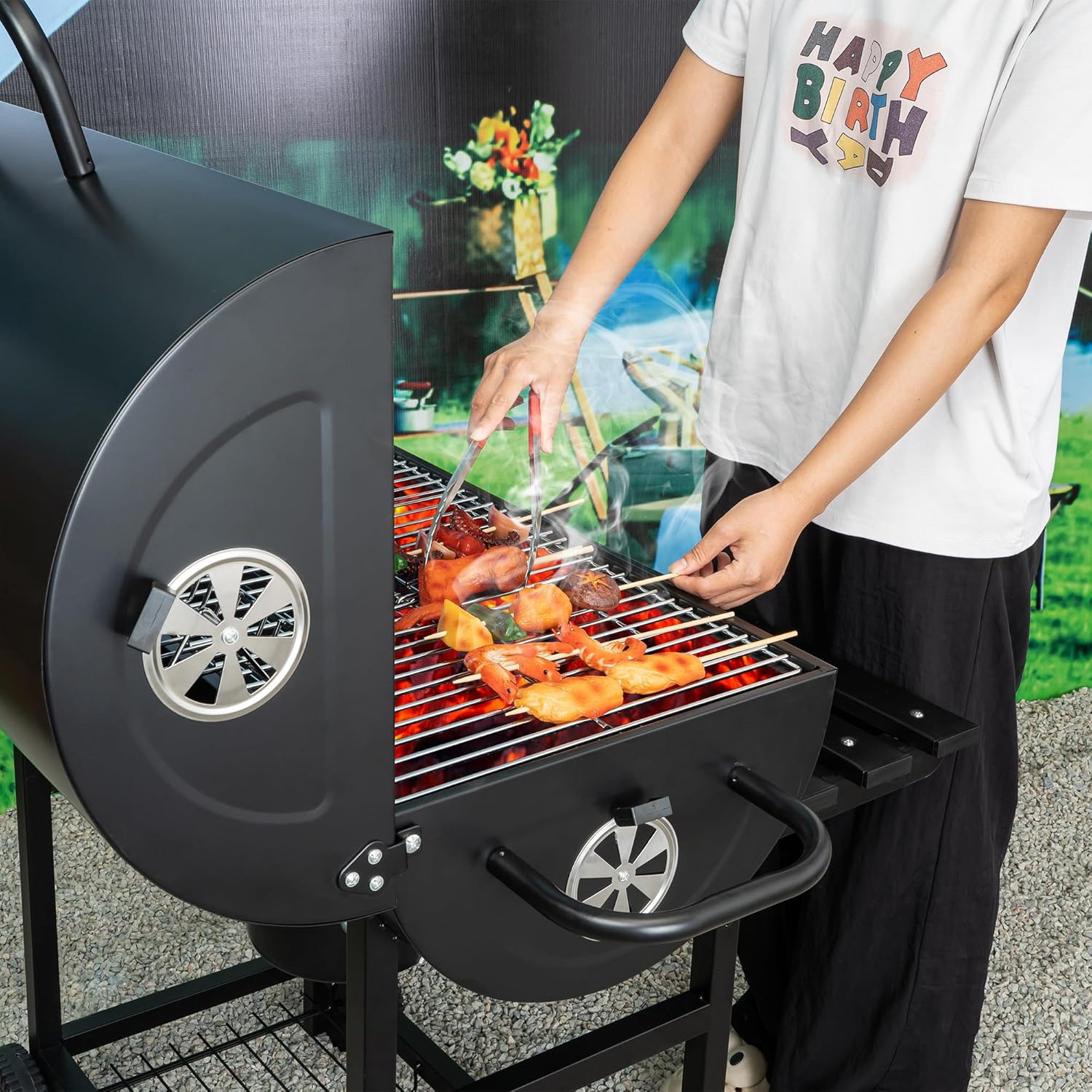 Charcoal Grill with Lid, 27" Outdoor BBQ Grill with Thermometer, Side Shelves, Wheels & Ash Catcher, Large Barrel Charcoal Smoker for Backyard, Camping & Outdoor Cooking
