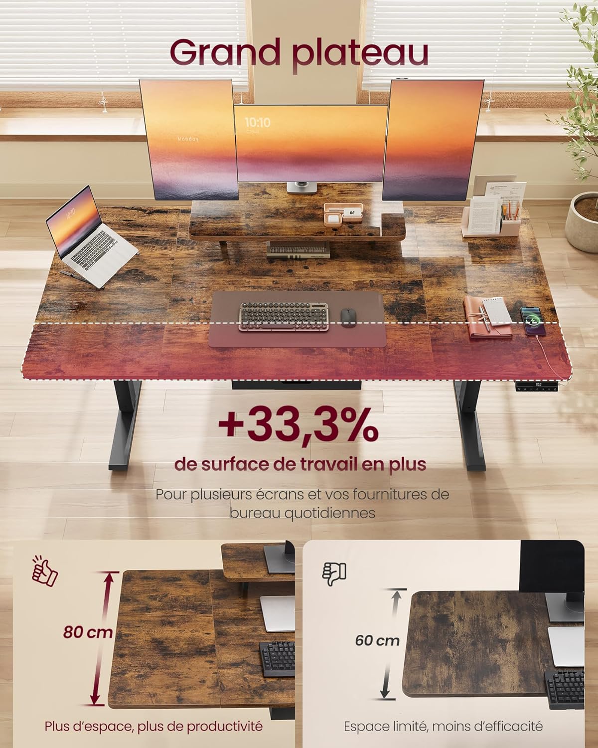 Diagram showing the dimensions of the VASAGLE electric height-adjustable desk, including desktop size, height range, monitor stand dimensions, and drawer dimensions.