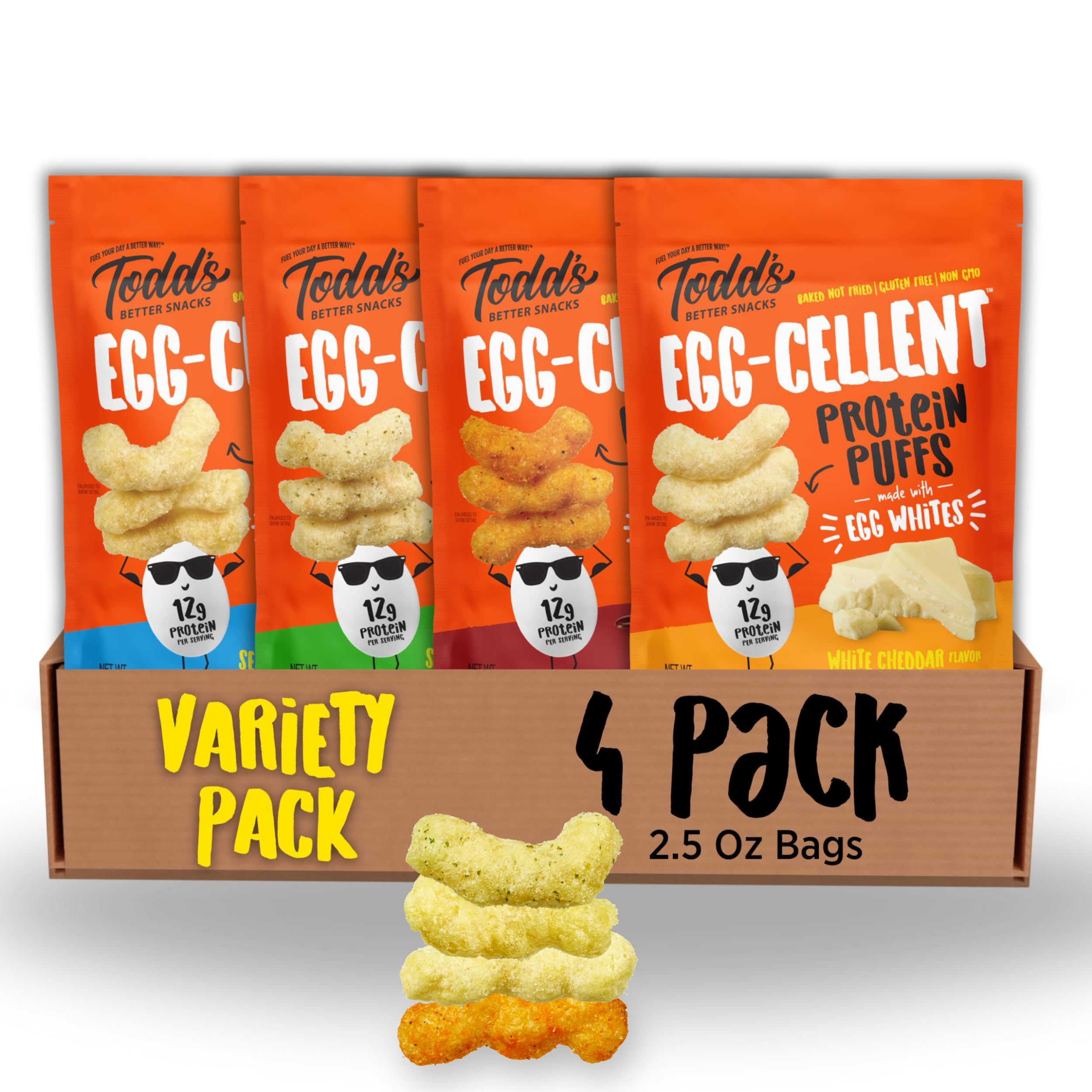 Todd's Better Snacks Egg-Cellent Protein Puffs, Variety Pack – 12g Protein, Gluten-Free, Paleo-Friendly, Baked, GLP-1 Compliant – Healthy Snack, Made with Egg Whites – 2.5 Oz (Pack of 4)