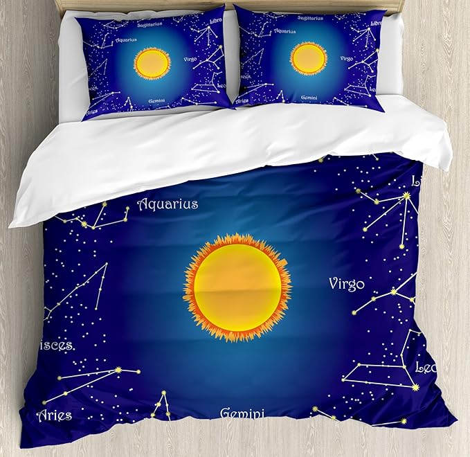 Ambesonne Astrology Duvet Cover Set, Celestial Star Chart Constellation Around Sun on The Sky Aries Sign, Decorative 3 Piece Bedding Set with 2 Pillow Shams, King Size, Dark Blue Orange