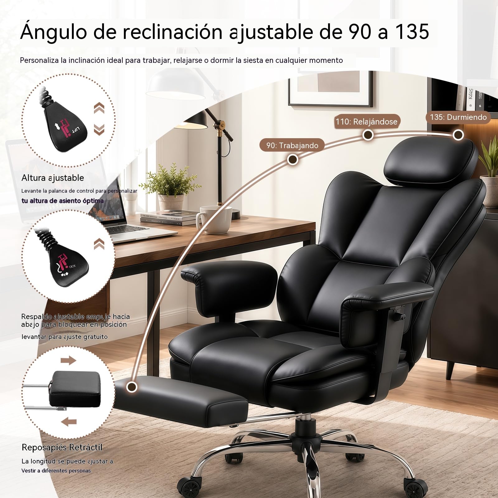 Silla Oficina Ejecutiva,Respaldo Alto En Cuero PU Giratoria con Reposa-pies,Diseño Ergonómico Reclinable con Soporte Lumbar Y Reposabrazos Ajustables para Hogar O Gaming (Negro)