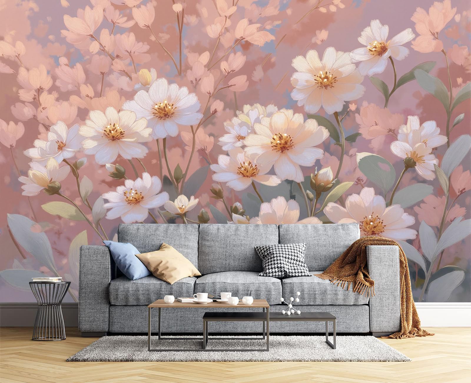 Papier Peint Panoramique En Soie Rose Blush - Floral Rêveur - 250X175Cm - Revêtement Mural Décoration Paysage Végétal Décoration Tapisserie Wallpaper Muraux Photo Salon Chambre