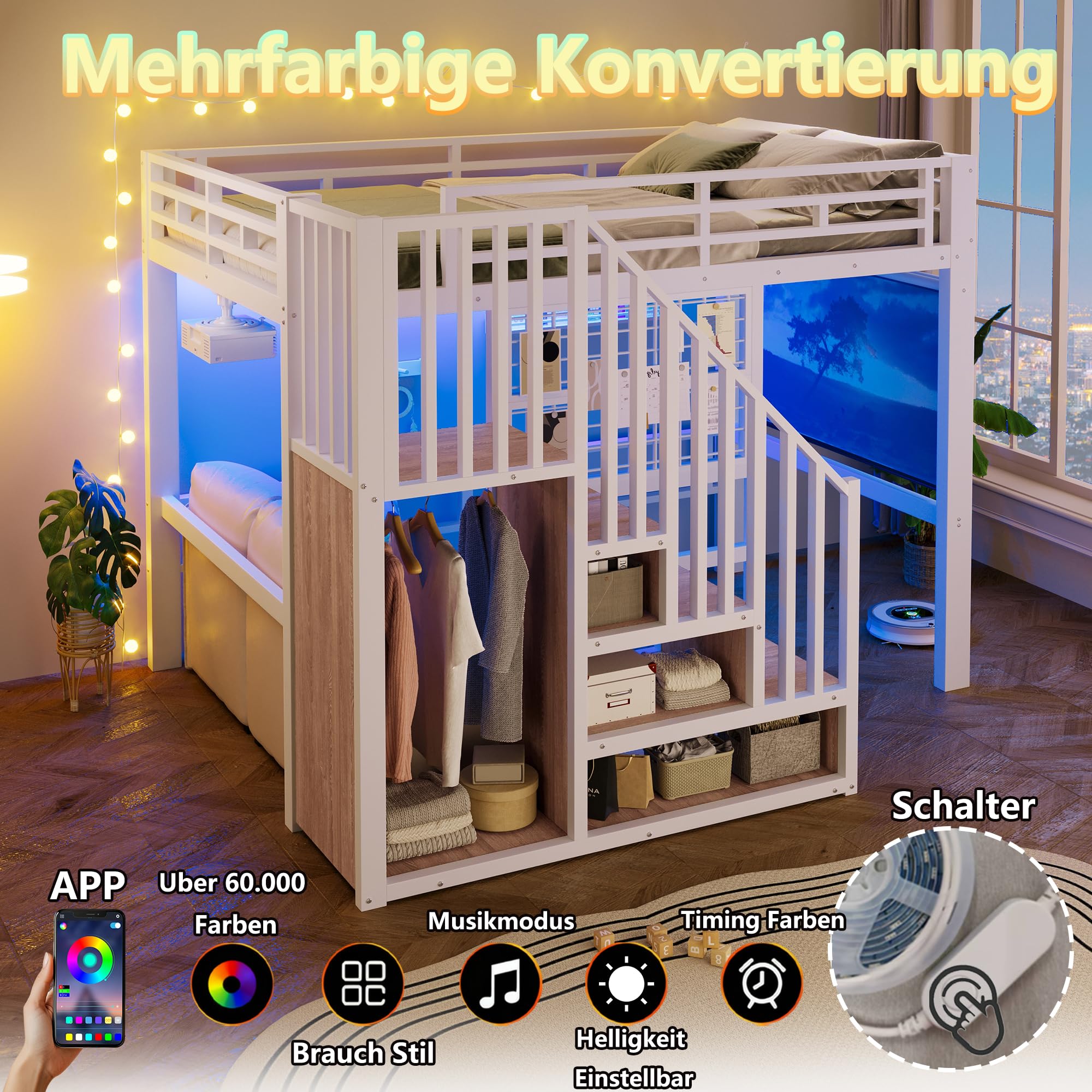 Merax Hochbett 140x200 cm mit Treppe und Stauraum, Metallbett Jugendbett mit LED-Beleuchtung, Gitterwand & Leinwand-Halterung, Platzsparendes Bettgestell (ohne Matratze & Leinwand), Weiß