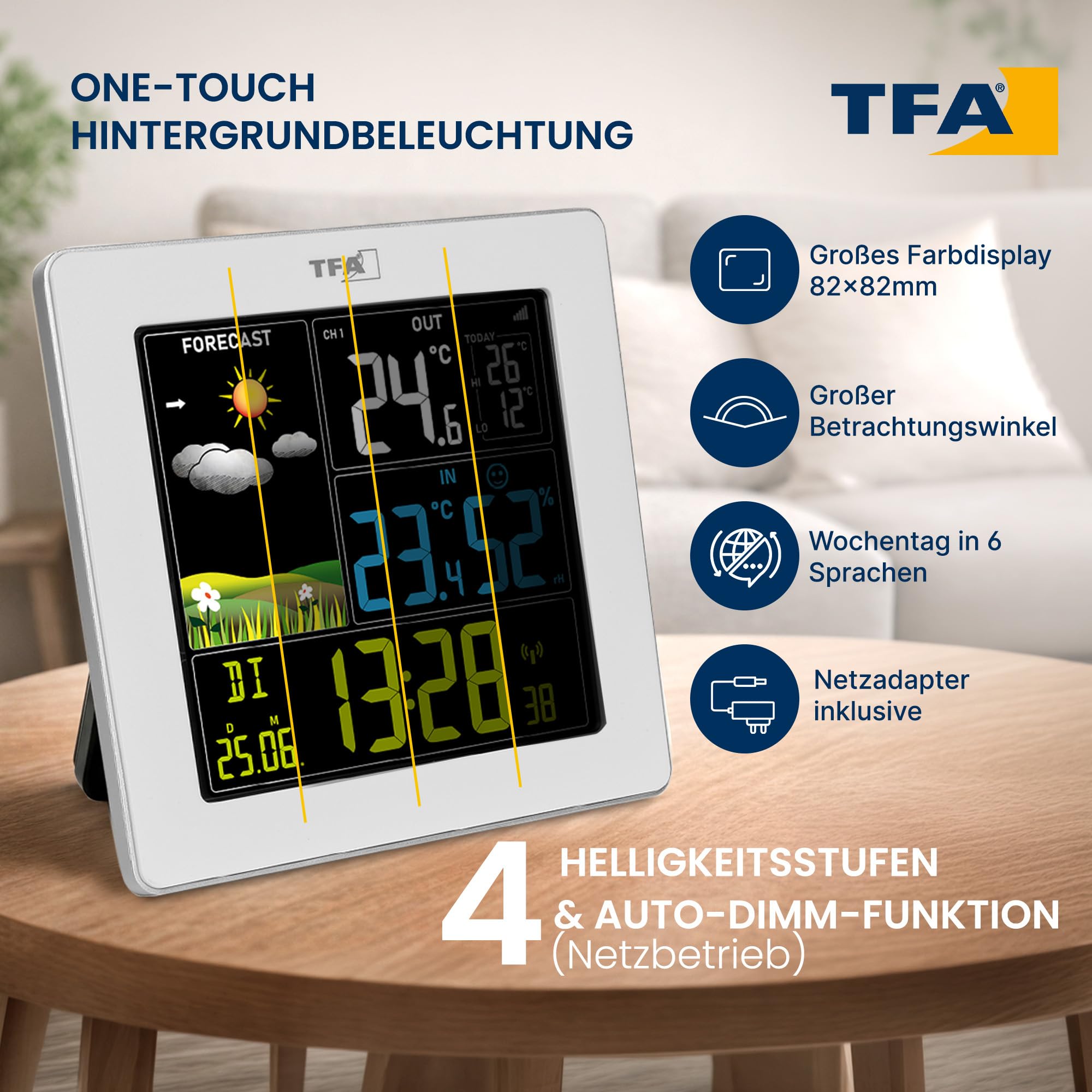 TFA Dostmann Digitale Funk Wetterstation SUN2, Außensensor, Farbdisplay, Hygrometer, weiß