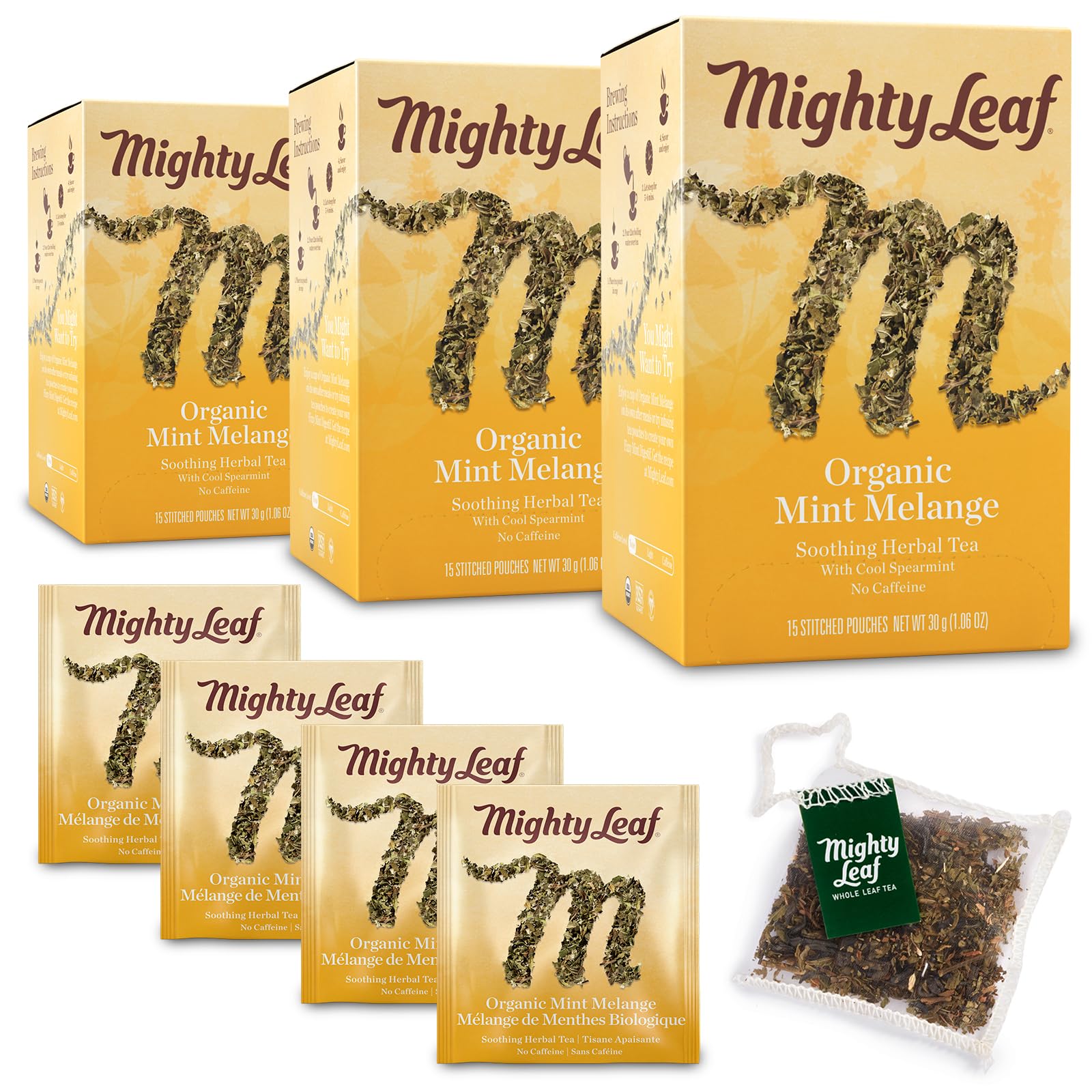 Mighty Leaf Organic Tea, Mint Melange, 15-Count Whole Leaf Pouches 1.32 Oz (Pack of 3)