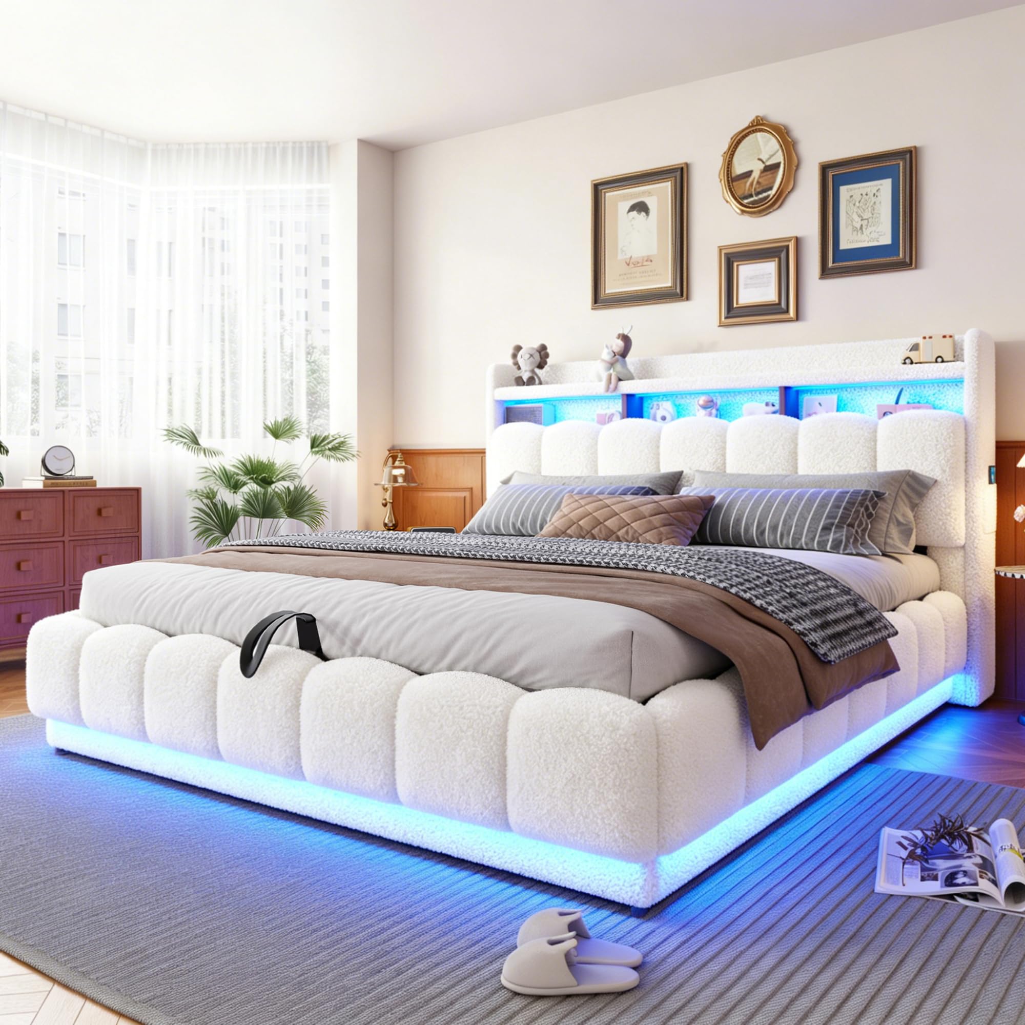 Cama Canapé 180x200 con Elevación Hidráulica Cama Tapizada con Somier de Lamas Estructura Matrimonial con Almacenamiento Integrado con Tapizado Bouclé con Cabecero Acolchado Estudio Blanca