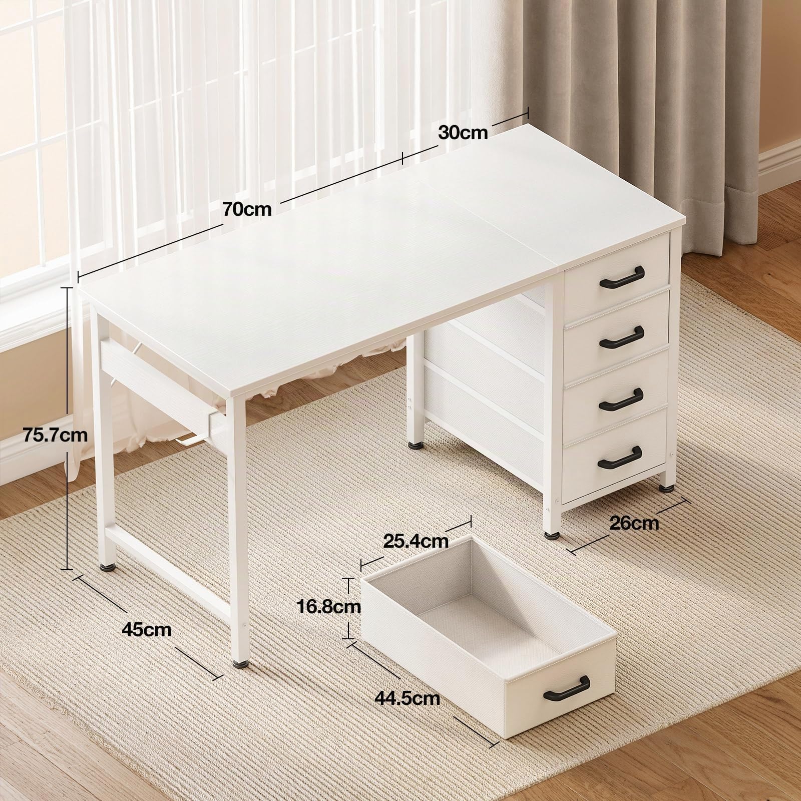 ODK Petit Bureau avec 4 Tiroir en Tissu, 100x48cm Bureau avec Rangement Table d'ordinateur avec Crochet pour Casque, Table Informatique pour Domicile, Blanc