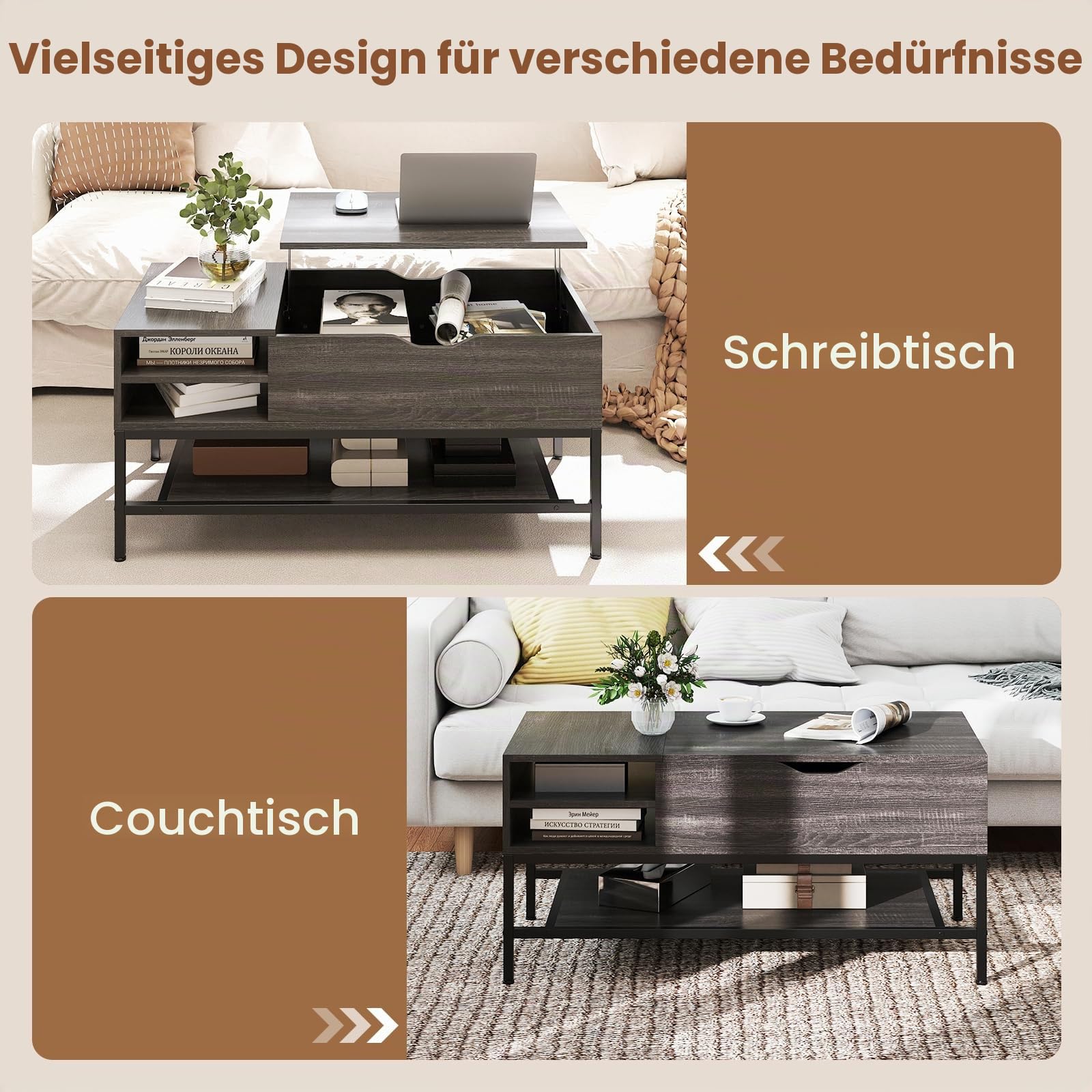 COSTWAY Couchtisch höhenverstellbar, Wohnzimmertisch mit offenem Fach und Ablagefach, Kaffeetisch, Sofatisch, Beistelltisch für Wohnzimmer, 99,5 x 49,5 x 47,5 cm (Grau)