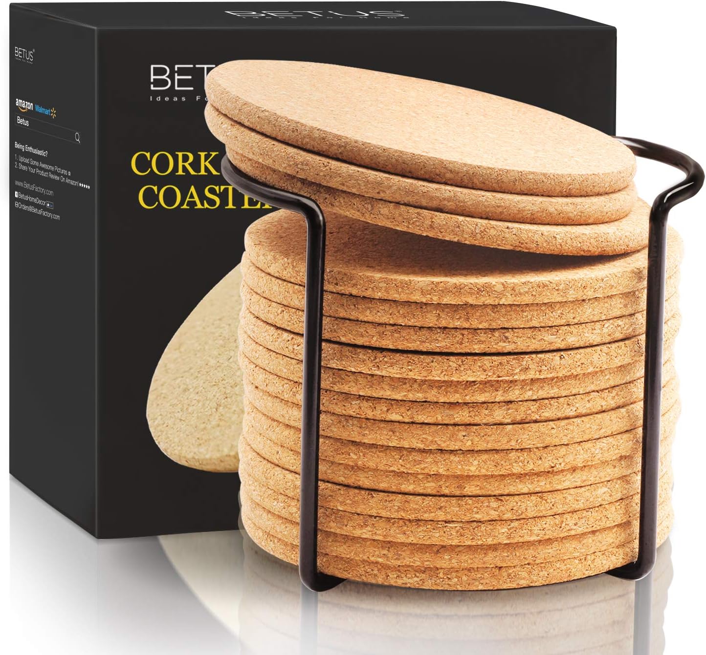 BETUS Round Cork Coasters 16pc Bulk Set with Metal Holder - 4" Diameter & 1/5" Thick - Drink Absorbent, Heat-Resistant, Reusable Saucer Pad for Glasses, Cup, DIY project, Restaurant & Wedding Supplies