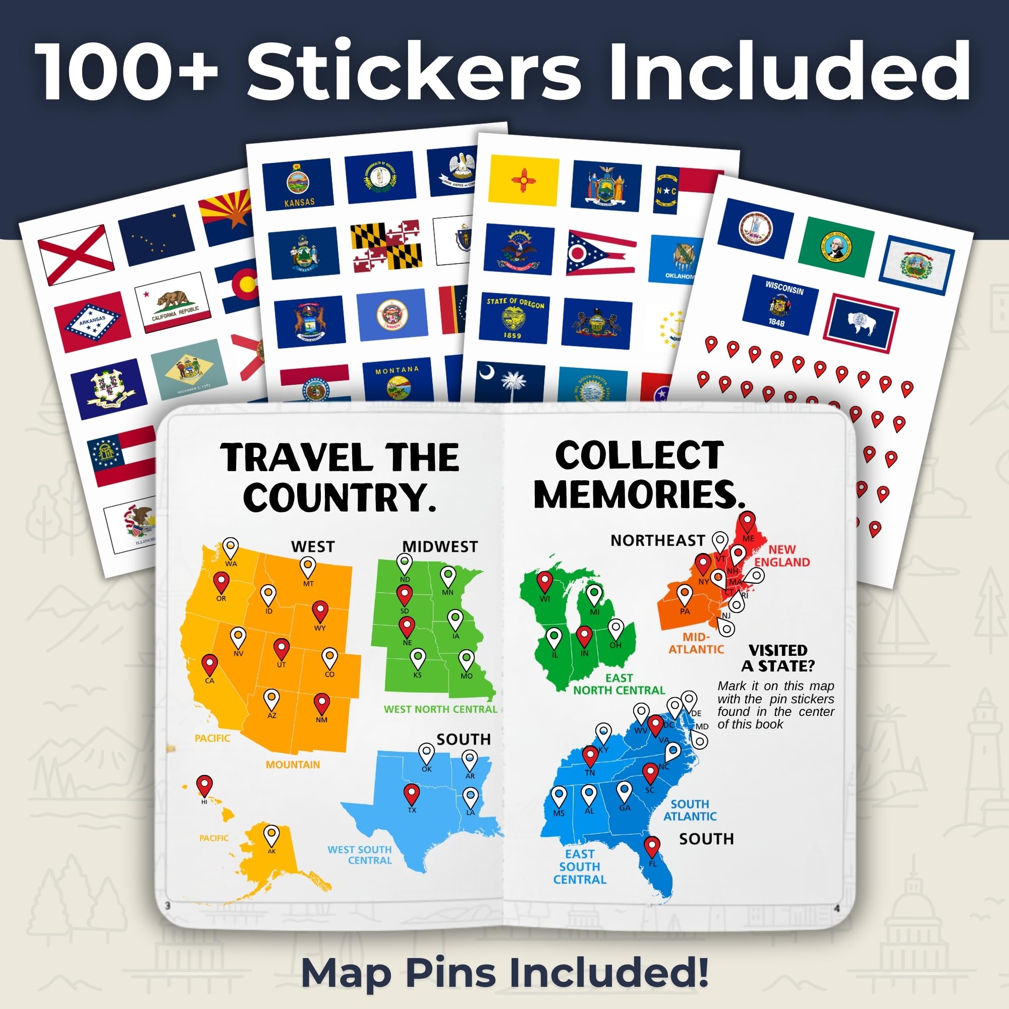 Libro de pasaportes de 50 estados, con calcomanías de bandera estatal y rastreador de mapas de viaje