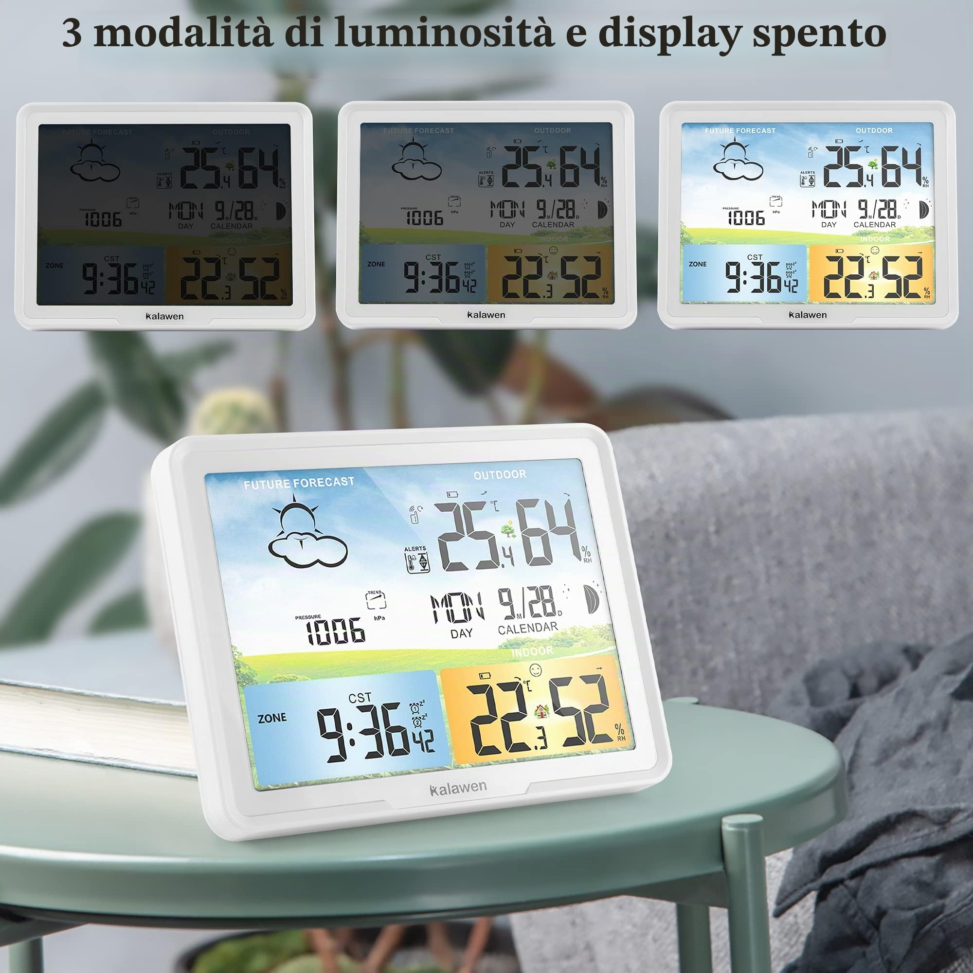 Stazione meteo radio Kalawen con sensore esterno, display digitale a colori, orologio radio DCF per uso interno ed esterno, termometro, igrometro, previsioni meteo, barometro e fasi lunari (bianco)