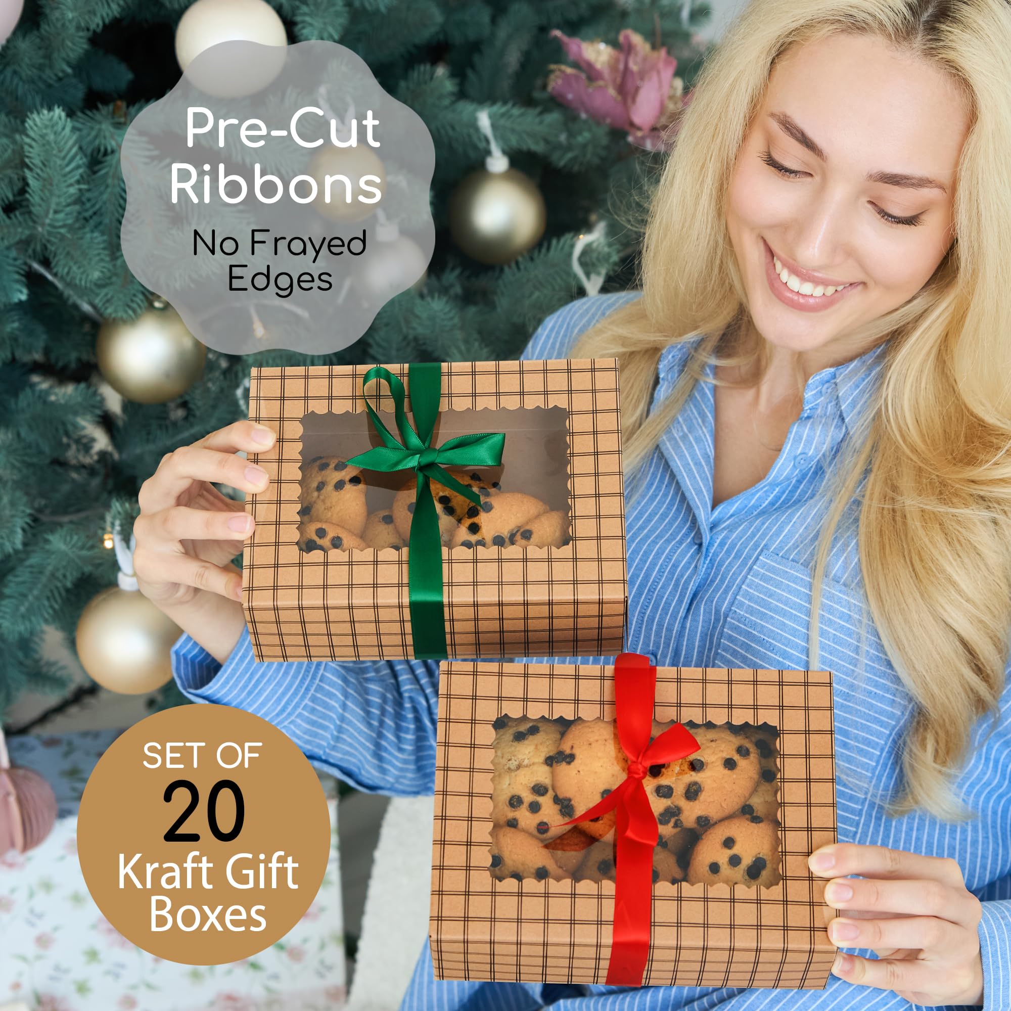 Lot de 20 boîtes à biscuits en papier kraft marron avec rubans et fenêtre - 21,1 x 15,2 x 7,1 cm - Boîtes cadeaux de boulangerie en carton de qualité alimentaire pour offrir des cadeaux, des