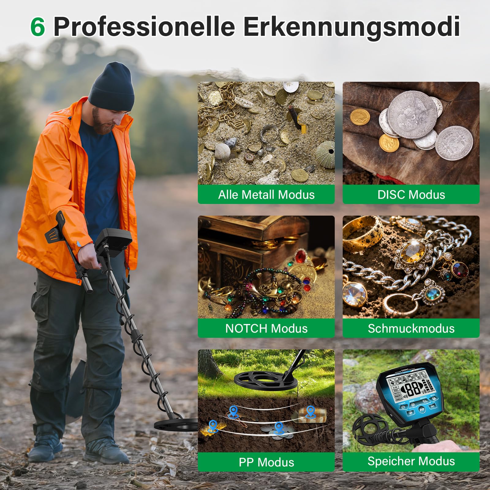 OMMO Detector de Metales Profesional para Adultos y Niños, Detectores de Metales Recargable por USB, 6 Modos, Alta Precisión, Bobina Impermeable IP68, Metal Detector con Pala, Azul