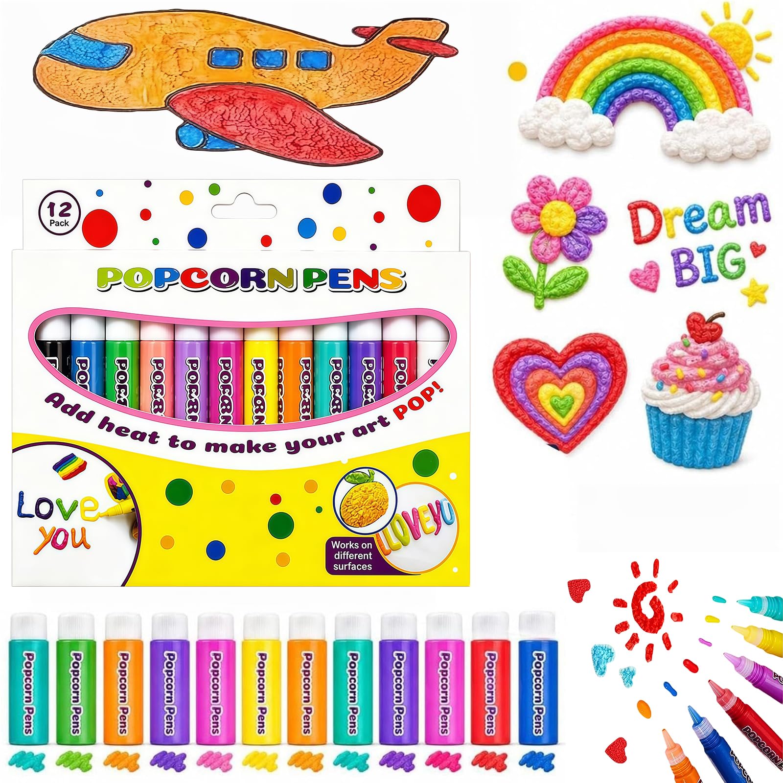 12 PCS 3D Popcorn Pens for Kids 12 Vibrant Colours Heat Activated Puffy Pen