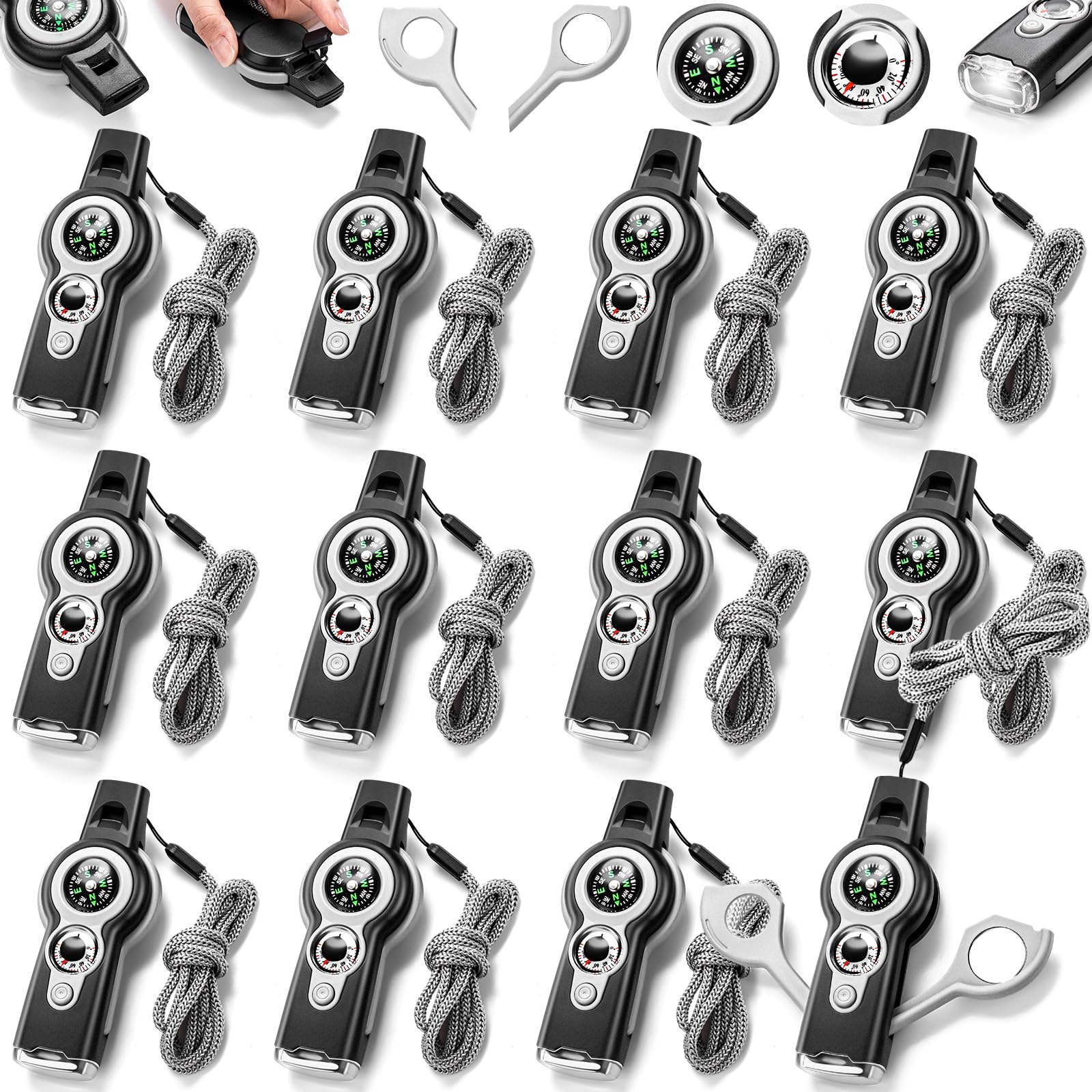 Arrowbash 12 Pack Emergency Survival Whistle 7-in-1 Compass Hiking Survival Safety Whistle with Lanyard Outdoor Multifunctional Tool Ideal for Hiking