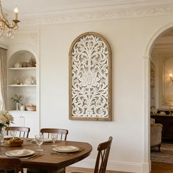 XIAOAIKA Arched Vintage Wall Decor Panel with Distressed Solid Wood Frame and Ornate Carved Floral Relief Design, European Style Decorative Wall Art for Living Room Bedroom Entryway, 16 x 32 Inch