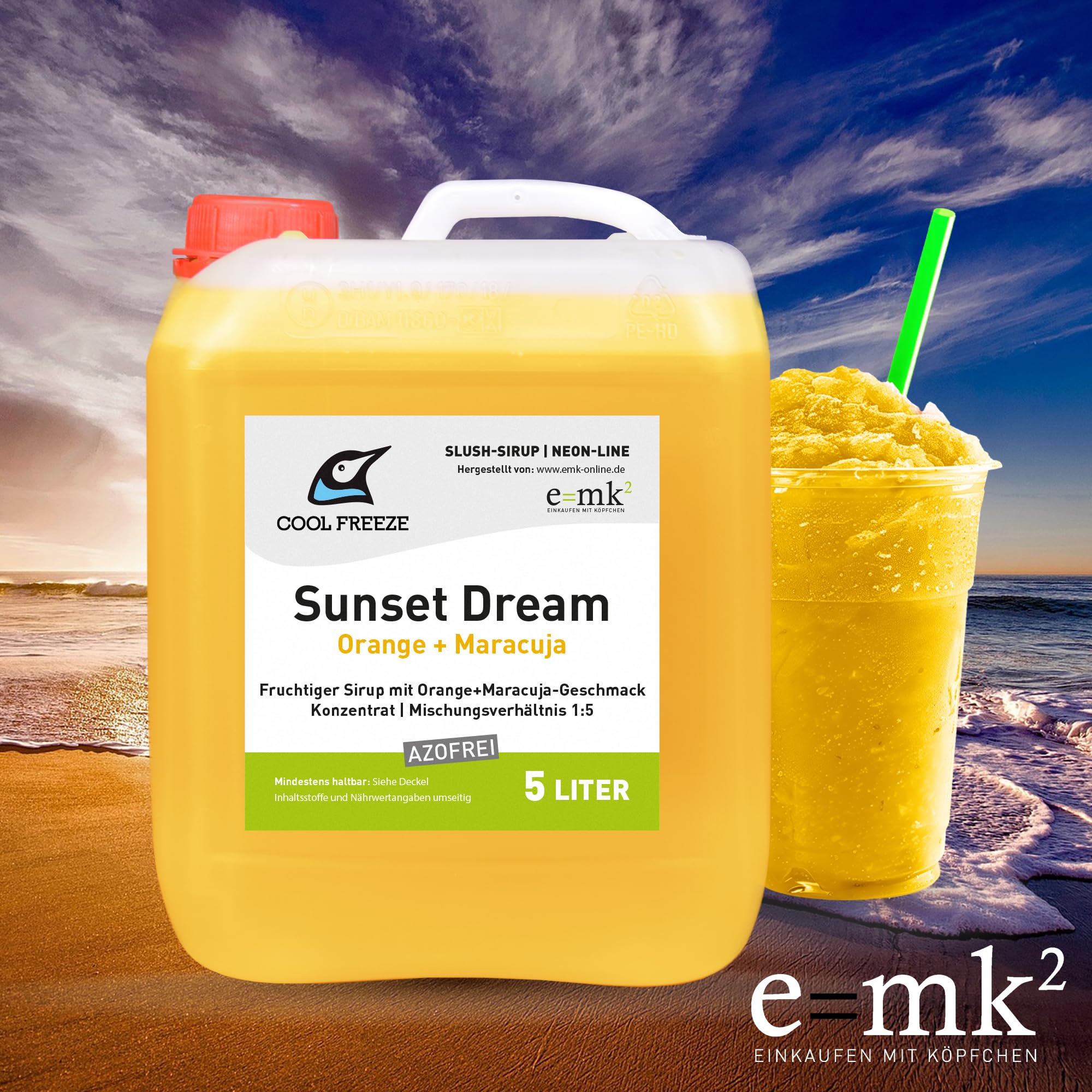 Slush-Sirup Eis 4×5 Liter Summer Edition Mix-Set – Strawberry Kiss | Sunset Dream | Lemon Chill | Surfers Wave | Konzentrat | azofrei | Angebot-Set im Profi-Kanister