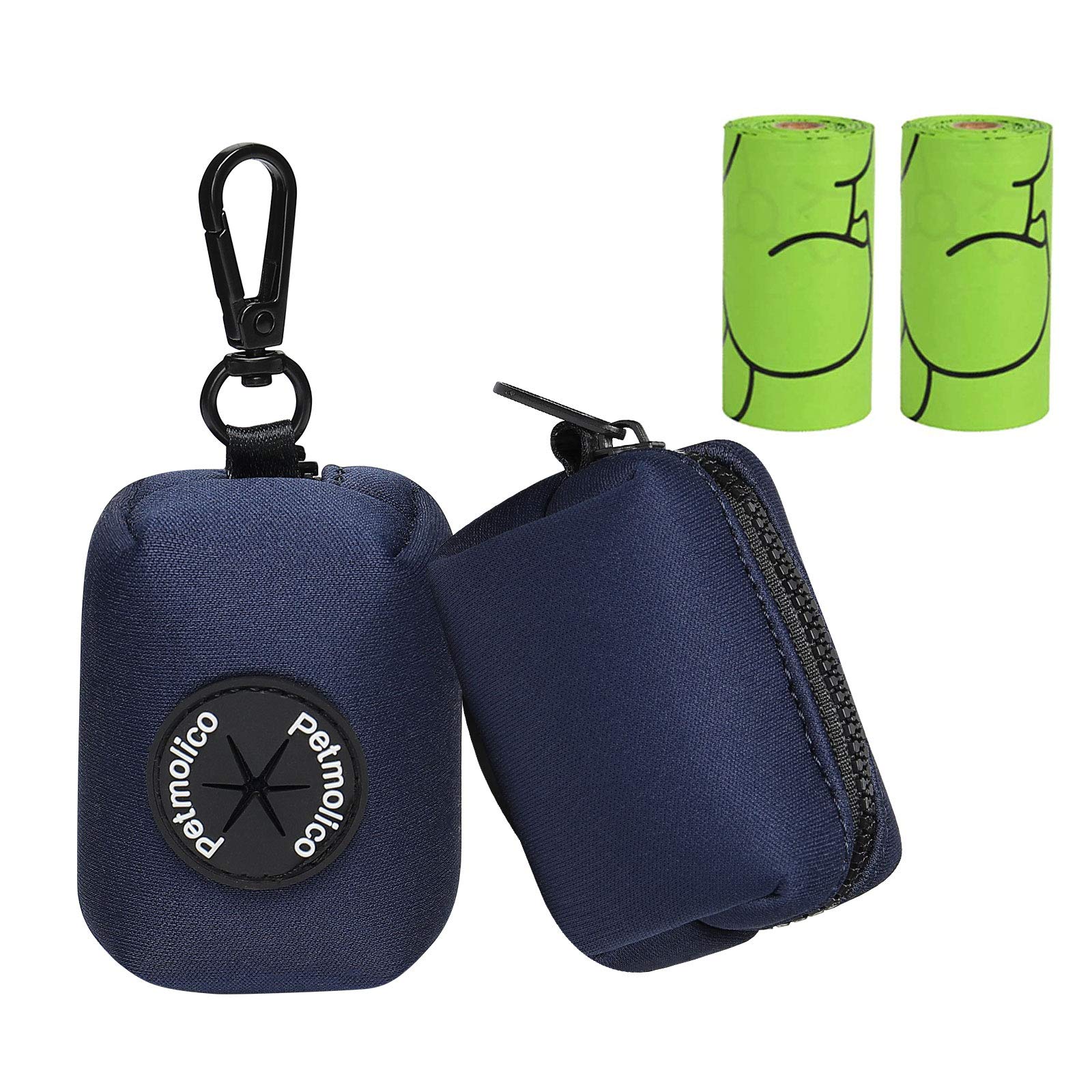 Petmolico Dog Poop Bag Holder Leash Attachment, Dog Waste Bag Dispenser Zippered Pouch, Fits Any Dog Leash, Includes Free Roll of Dog Bags, Poop Bag Dispenser - 2 Pack, Navy Blue