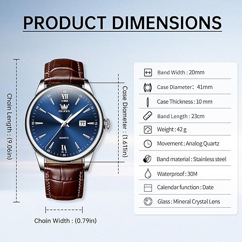 Miniatura 5 de OLEVS Relojes de cuero para hombre, relojes de vestir con correa de cuero para hombres con fecha, impermeable, cara grande, fácil de leer, casual,