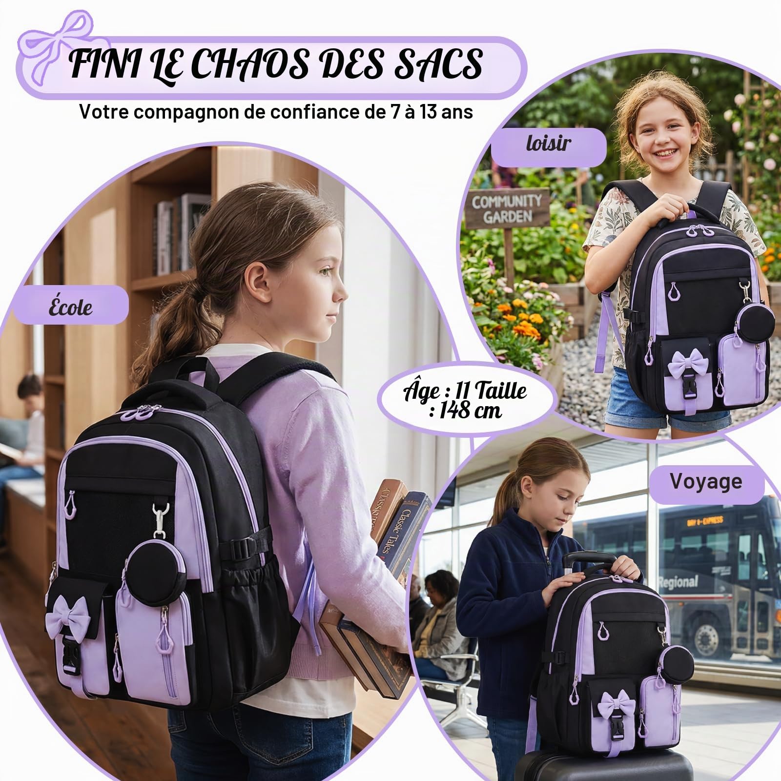 Amythe Cartable pour Filles Primaire et Collège - Sac à Dos Enfant Ergonomique avec Bandes Réfléchissantes - Sac D'école Fille CE2 CM1 CM2 Imperméable Léger pour École Voyage -Violet