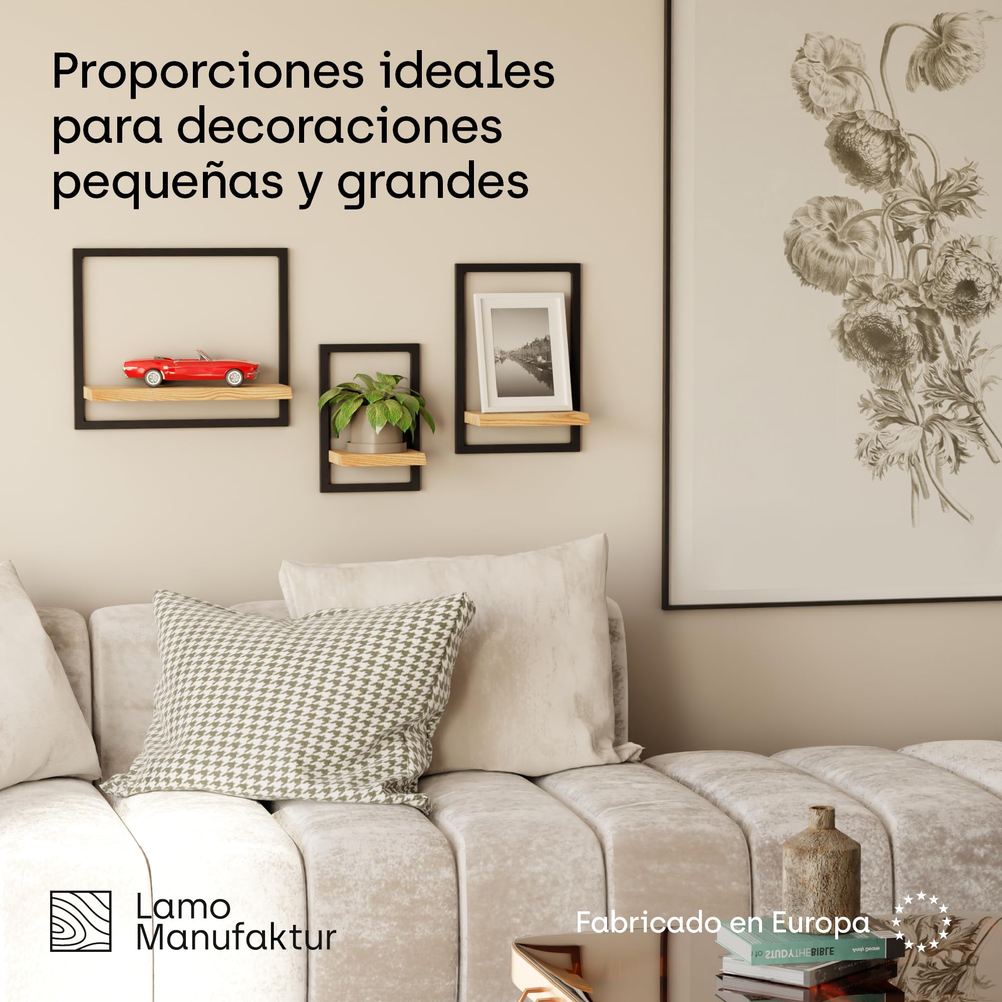 LAMO Manufaktur Estanterias de Pared Set 3ud. 15/20/35cm | Estante Cocina, baldas baño, estanterias de Pared habitacion | Color: Nogal, Marco: Negro