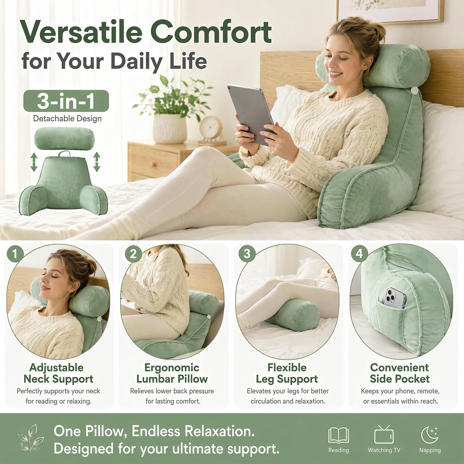 Cuscino per la schiena, cuscino da lettura extra grande con custodia rimovibile, cuscino ergonomico per letto/divano, adatto per guardare la TV, leggere e giocare con i telefoni cellulari a letto