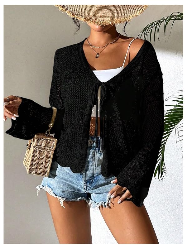 Floerns Women's Tie Front Crochet Knit Long Sleeve Kimono Cardigans Hollow Out Beach Sweaters Boho Tops Black X-Large by Floerns - Used condition - Image 5