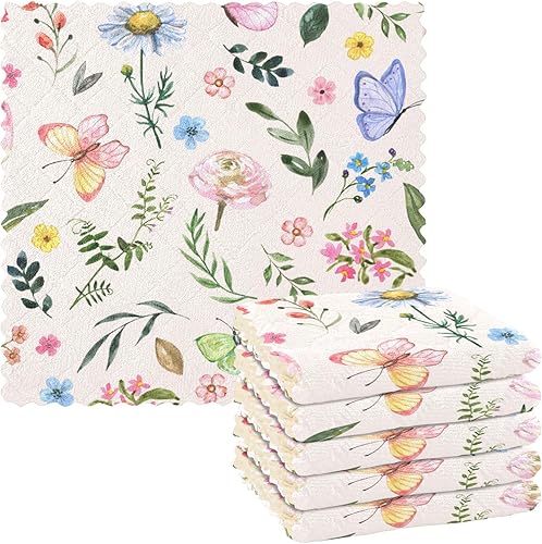 Spring Wildflowers Leaf Butterfly Quality Decor Microfiber Dish Drying Towel Fast Drying 6 Pack Rags for Bathroom Coffee