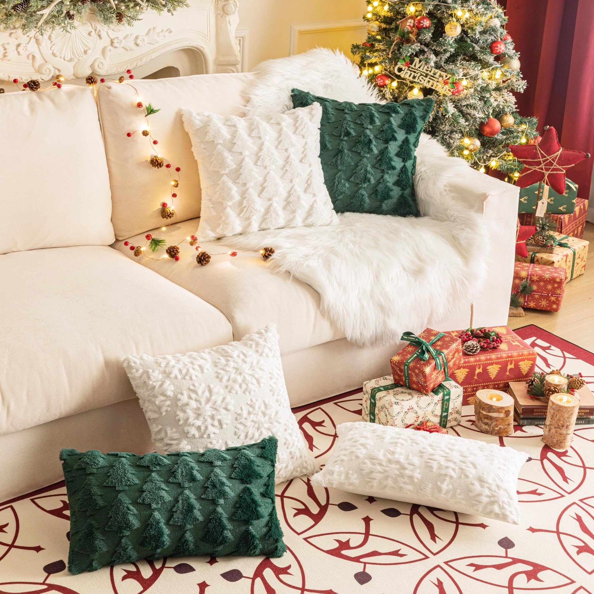 Federa per cuscino a forma di albero di Natale, verde, decorazione