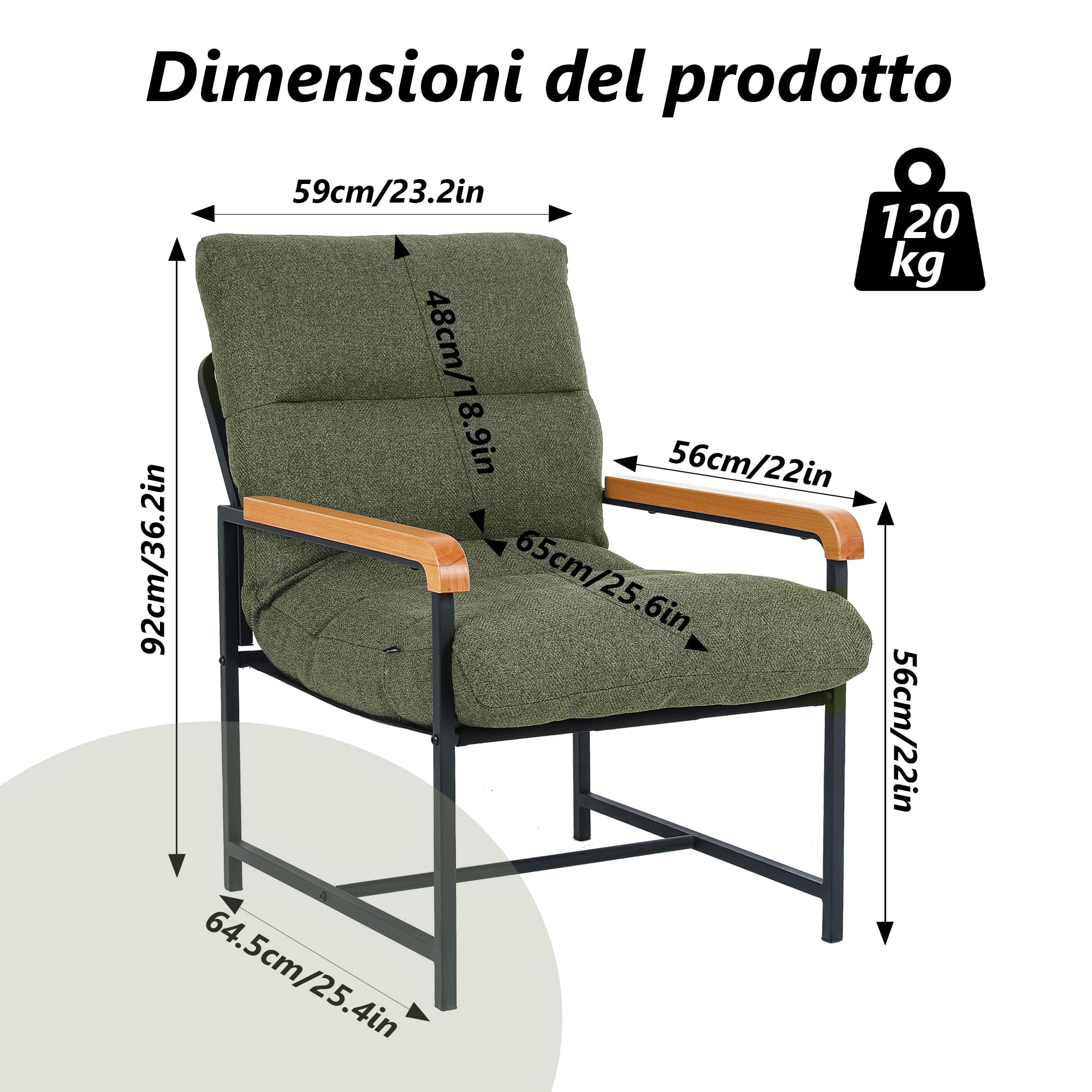 Mingone Sillón con reposabrazos, sillón Acolchado Suave, Silla de cóctel Acolchada Suave, Silla de sofá Individual, Adecuada para Dormitorio, Oficina y Ocio (Verde) | Reposabrazos de madera maciza, sillón tapizado con marco de metal, sillón moderno para s