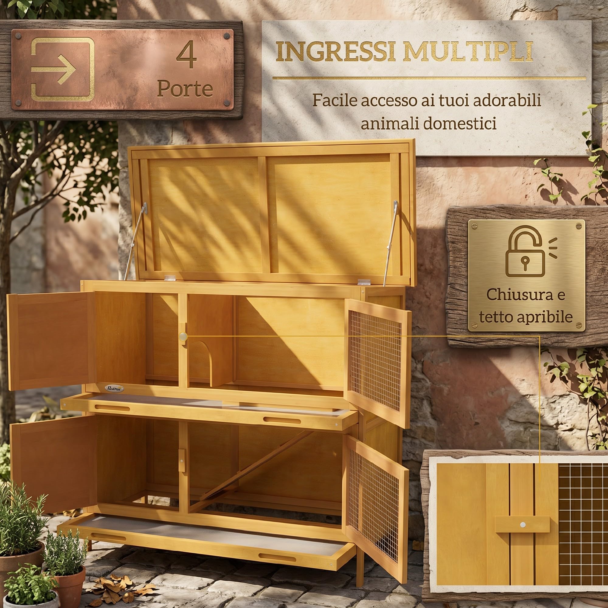 PawHut Conigliera da Esterno a 2 Livelli con Rampa Antiscivolo, 2 Vassoi Estraibili e 4 Porte con Serratura, Conigliera in Abete e Tetto in Bitume, 97x44x91 cm, Giallo