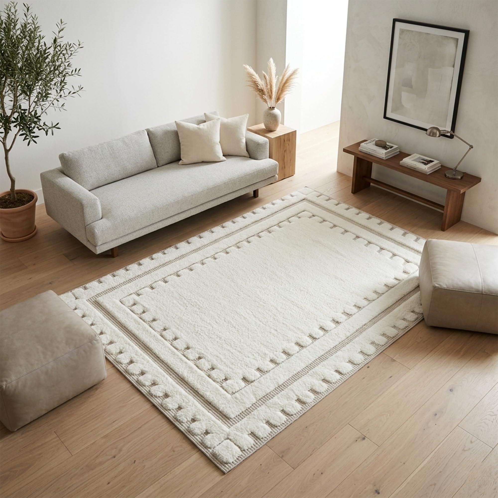 Rugs Haven Serenity Border Rug - Large Fluffy Area Rug Carpet Washable Soft Modern Indoor Shaggy Floor Rug for Living Room, Bedroom, Hallway, Lounge (Cream D1, 200x290 cm)