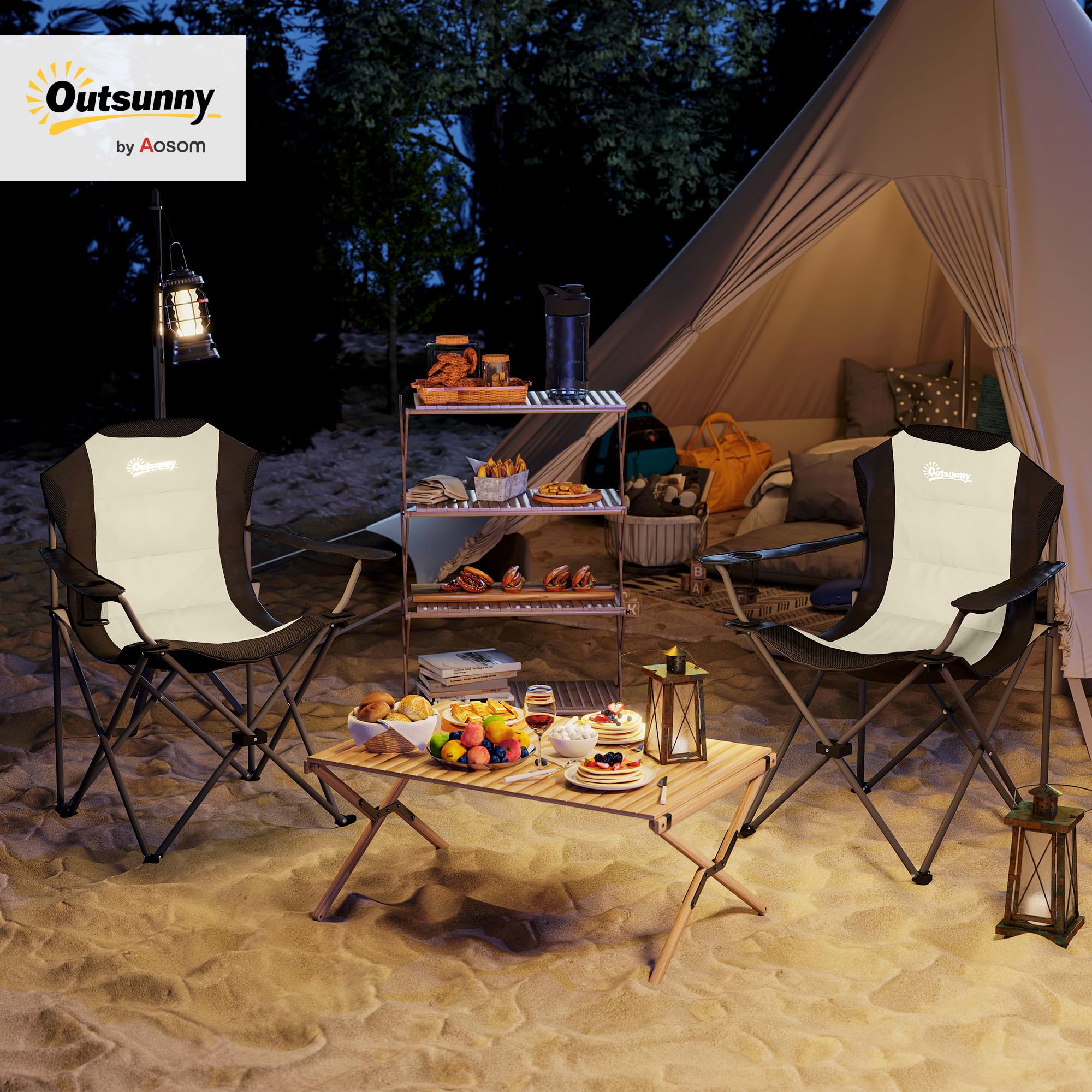 Outsunny Set di 2 Sedie da Campeggio Pieghevoli con Schienale Alto, Portabicchieri e Borse da Trasporto, Sedie per Esterno in Metallo e Tessuto Oxford, per Giardino Spiaggia Picnic Esterni, Crema