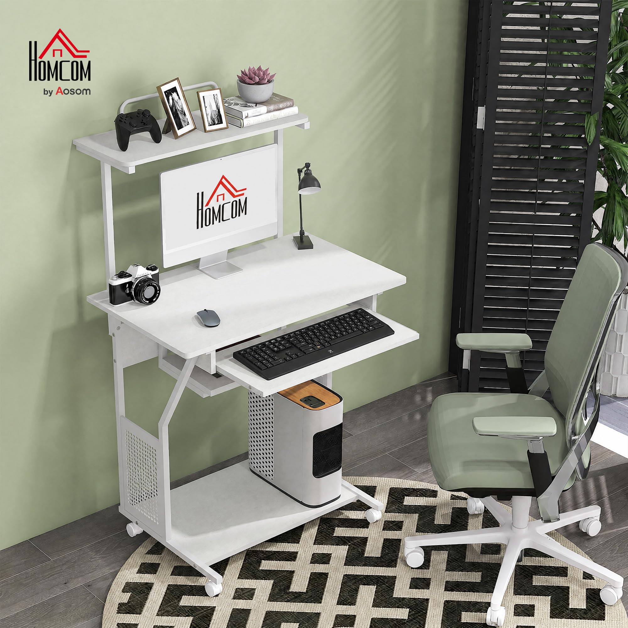 HOMCOM Bureau d'Ordinateur avec Rangement Roulant 80 x 50 x 130 cm Blanc