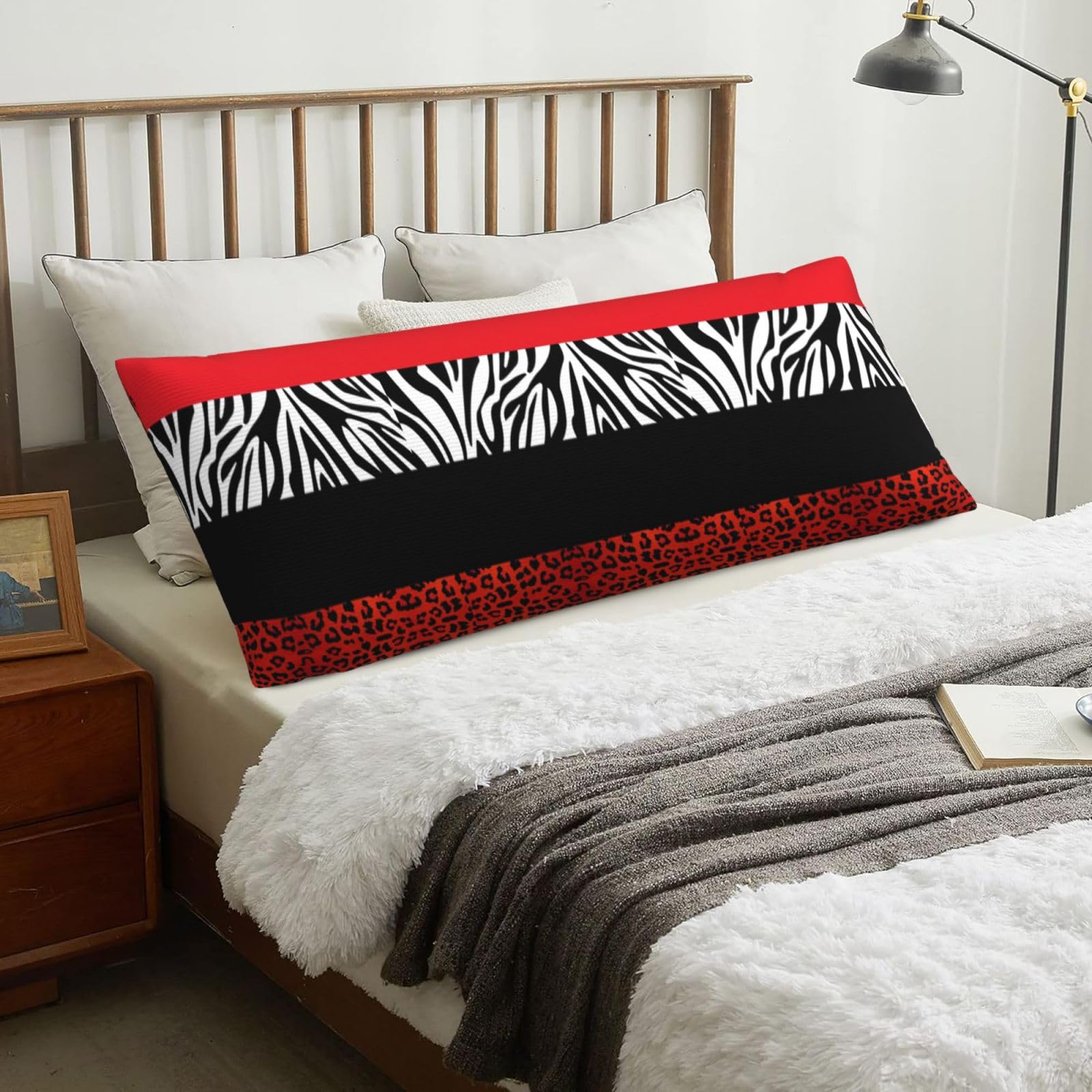 Red Leopard And Zebra Animal, Body Pillow Cover with Zipper,Long Body Pillowcase 20 x 60 in