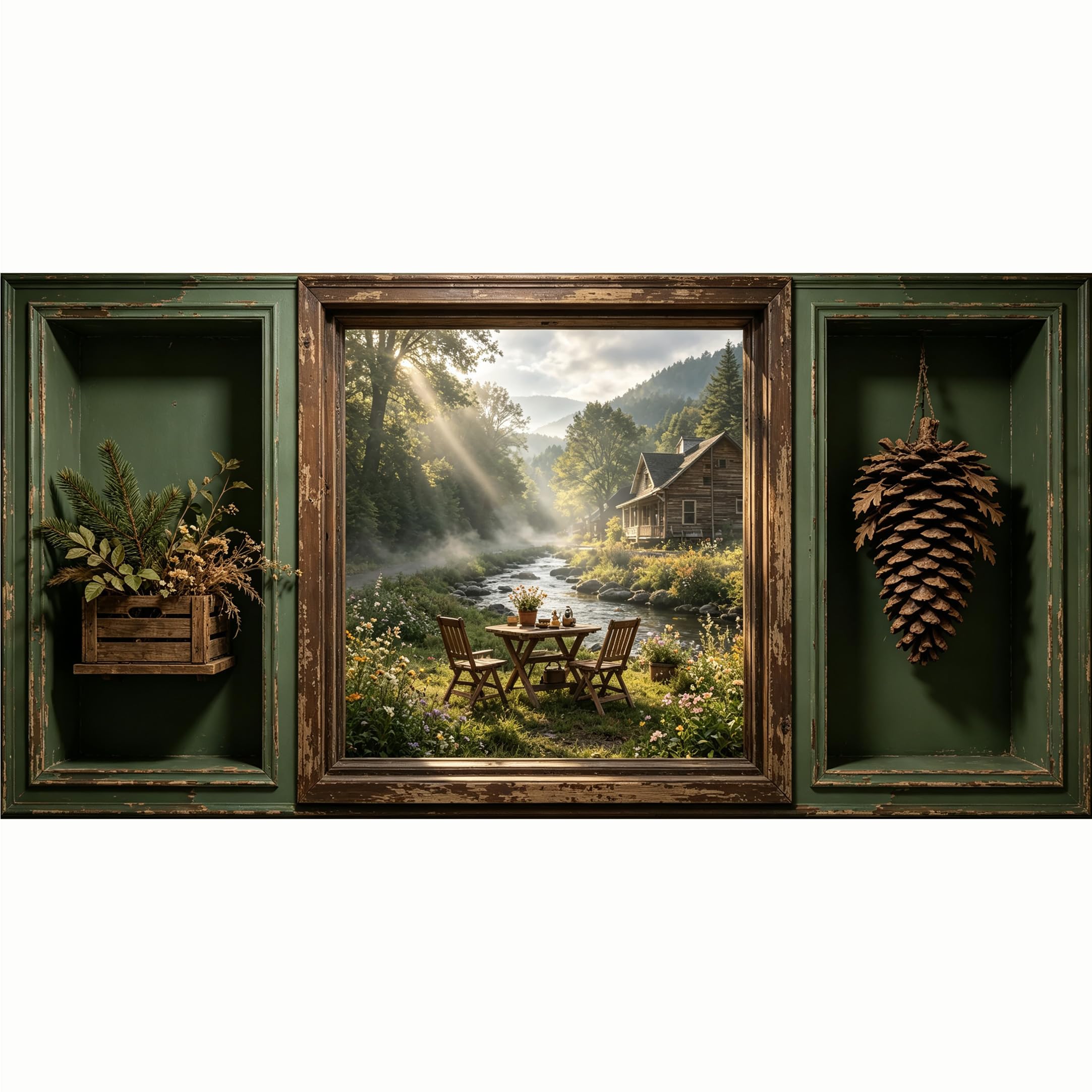 QZLITHOTIC 50x100cm 3D Framed Wall Art， Rustic Cabin River Landscape SelfAdhesive Mural， WaterActivated Peel & Stick Fabric Decor Wall Decal for Bedroom Living Room