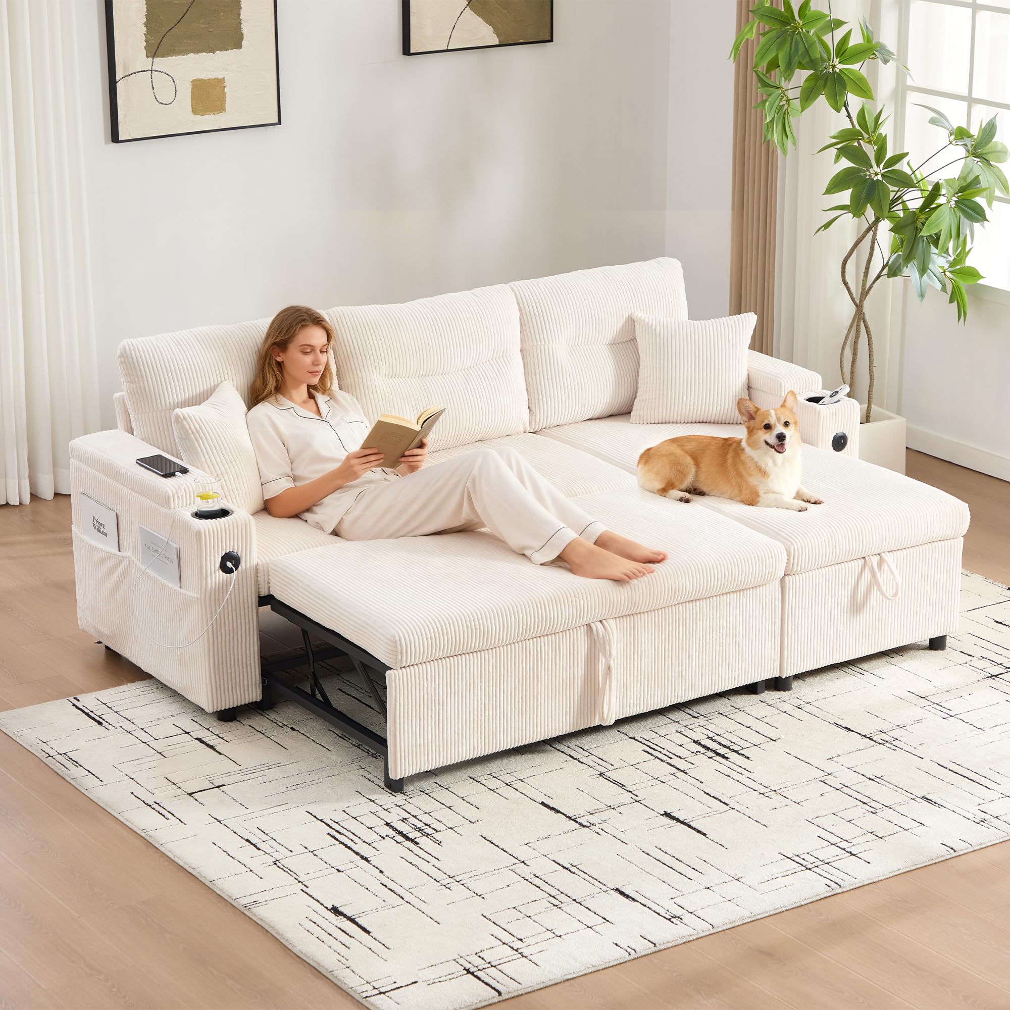 Sofá de 3 plazas con función de cama, chaise longue, espacio de almacenamiento, USB-C, sofá de pana, hidráulico, cama con cajón, soporte para bebidas