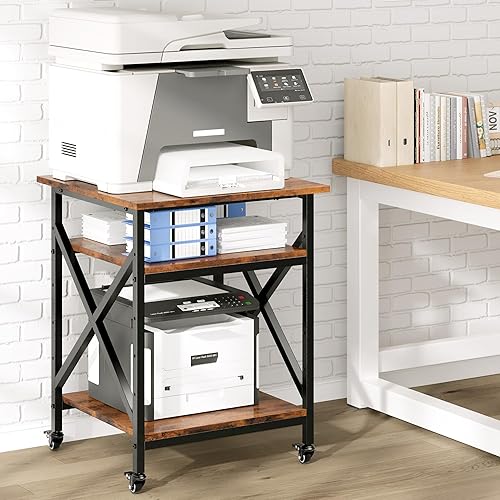 Miniatura 3 de Ollieroo Soporte para impresora de 3 niveles, mesa grande con ruedas, carrito rodante con estante de almacenamiento medio ajustable en altura,