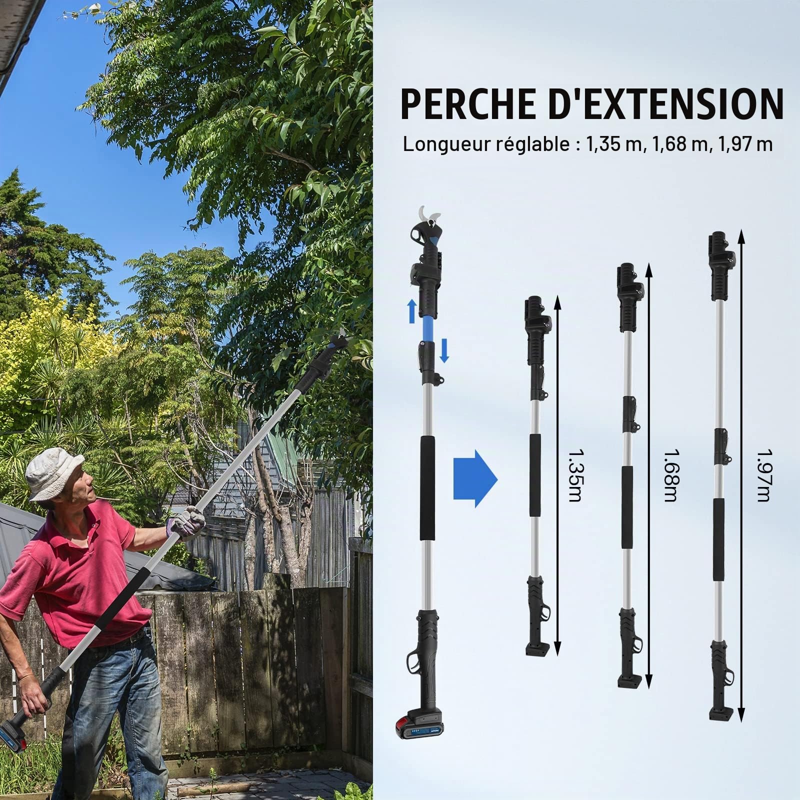 SWANSOFT 7605 Sécateur d'élagage télescopique électrique, perche d'extension de machine d'élagage électrique, extensible jusqu'à 1,95 m (Pour 8605, ne convient pas pour le 8605 Pro)